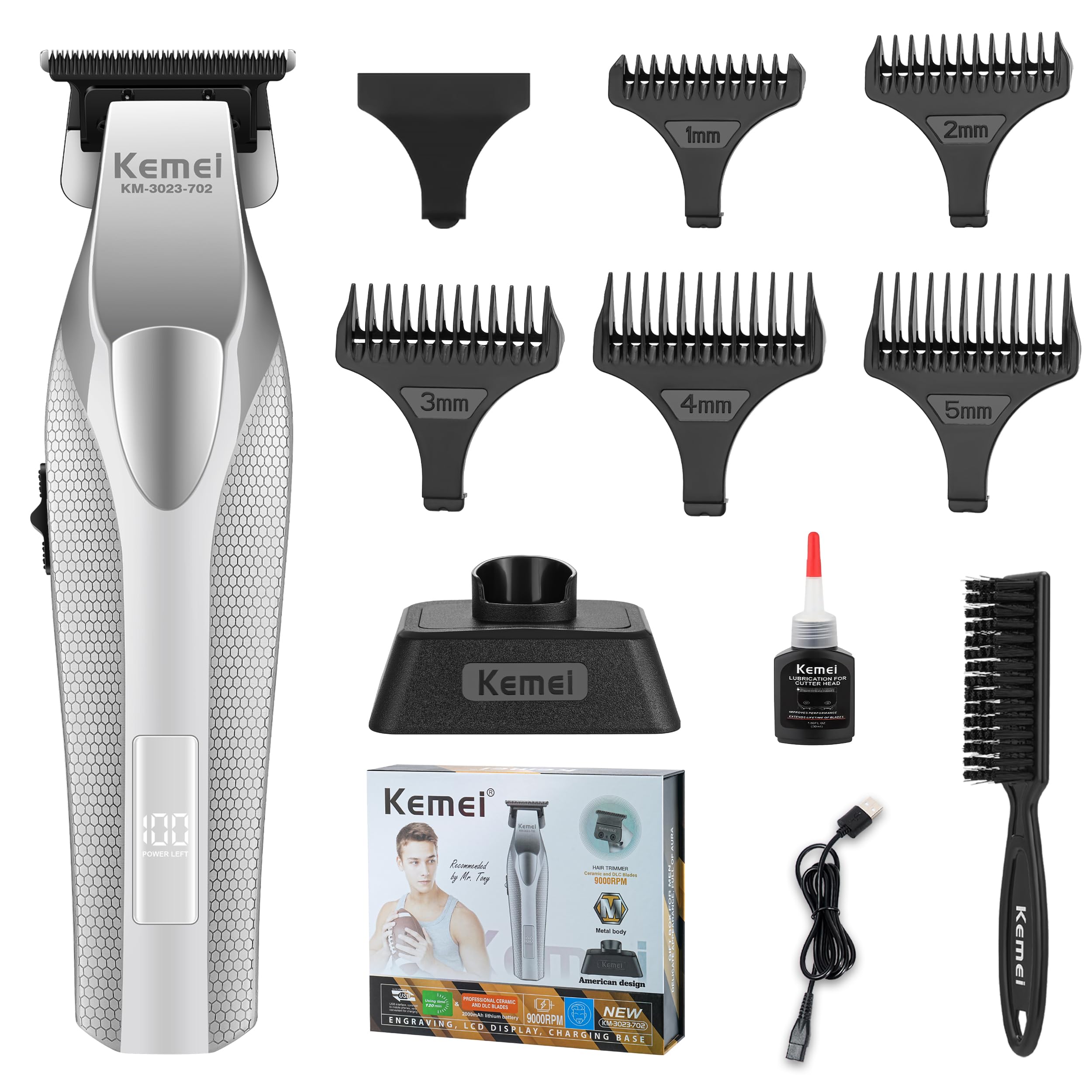 KEMEI 3023-702 Haar- und Bartschneider für Männer, 9000 U/min Trimmer | Vollmetallgehäuse, professionelle Haarschneidemaschine mit LED-Anzeige, Keramik- und DLC-Klingen