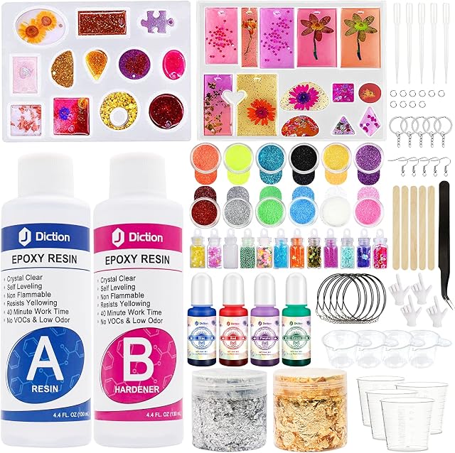JDiction Epoxy Resin Kit for Beginners - Epoxy Resin Jewellery Making Starter Kit with Silicone Mold, Resin Pigment, Gold Flakes, Measuring Cup,Coating and Casting Art Resin for DIY, Craft