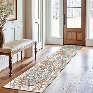 BESTSWEETIE Washable Boho 2x8 Runner Rug for Living Room, Green Brick | Machine washable rug, distressed boho floral print, low-profile no-pile design for entryway, kitchen, bedroom, living room