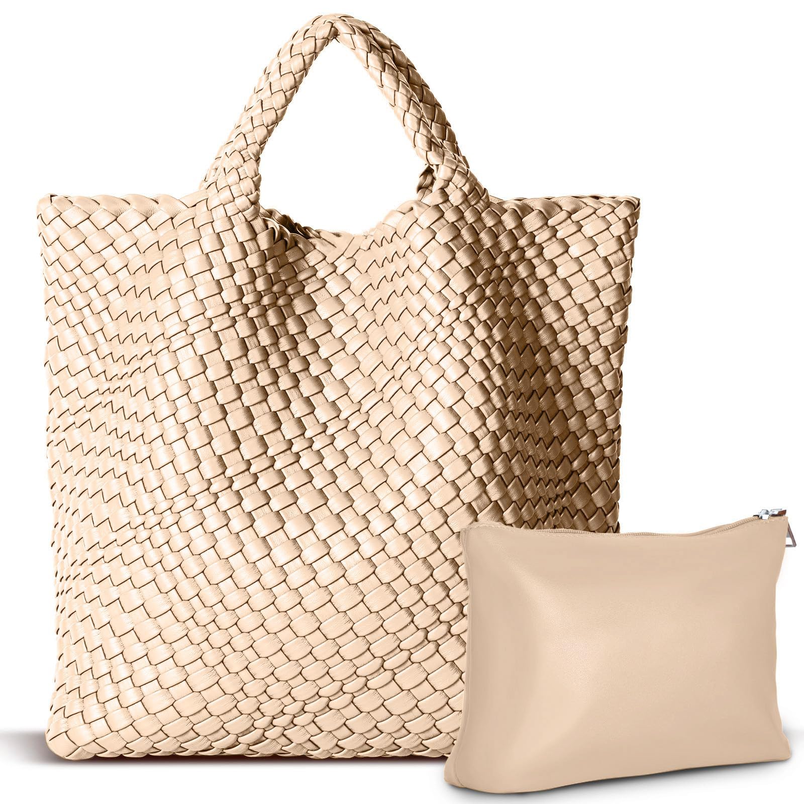 Woven Vegan Leather Tote Bag For Women - Large Retro Handmade Shoulder Bag, Light Pink, Beach & Travel - View #3