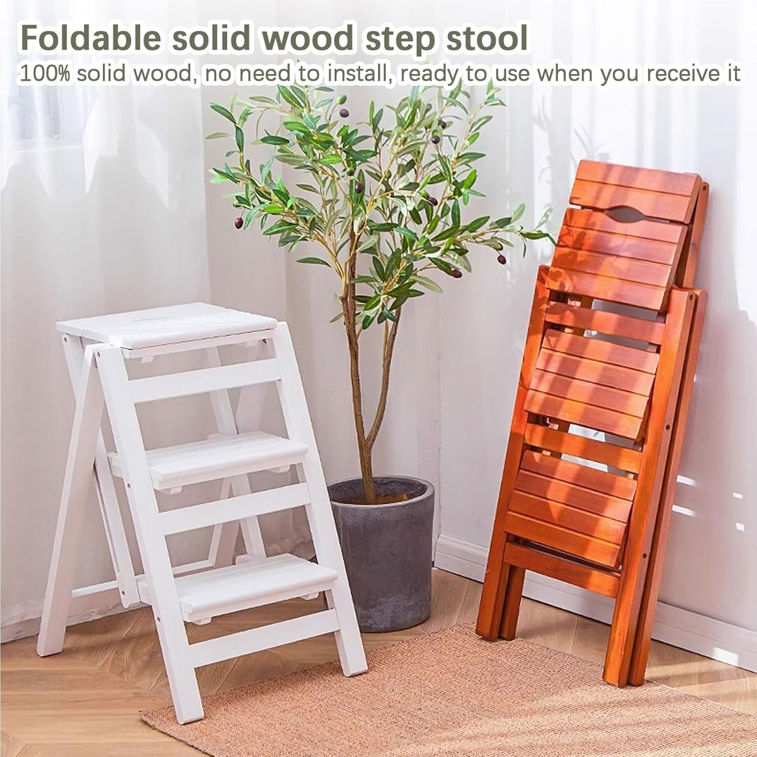 Folding Stepladders Wooden Ladder Stool，Portable Step Ladder 3 Step Stairs Chair Multifunction Library Steps Bookshelf Display Shelf Kitchen High Stool，White