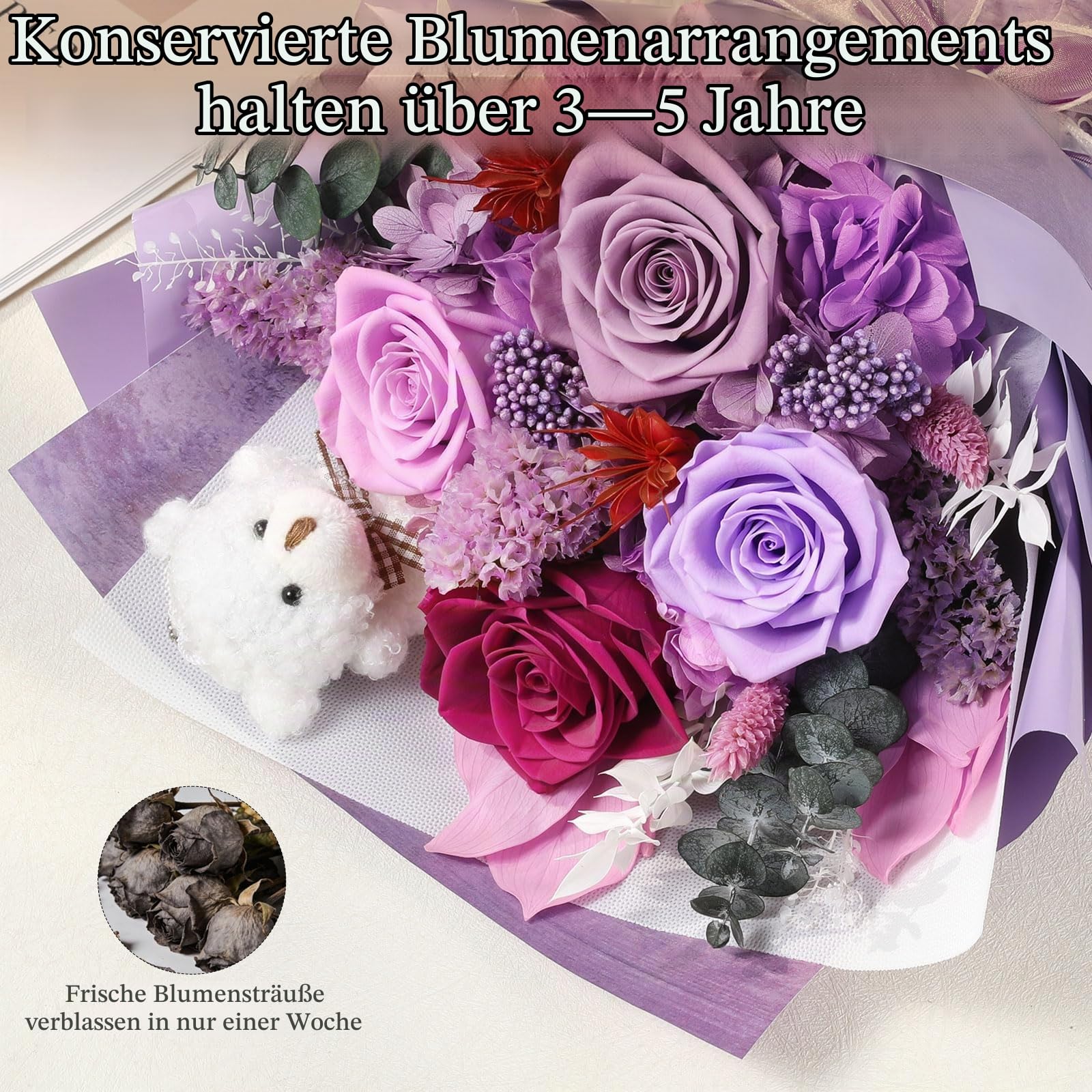 Emibele Ewige Rosen Blumenstrauß Mit Bär, Konservierter Blumen für Frauen
