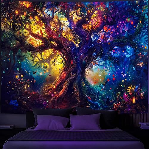Simpkeely Blacklight Tree of Life Tapestry, Fantasy Forest Fairy Tapestry Nature UV Reactive Colorful Tree Magical Elves Wall Hanging Tapestries for Bedroom - 44" x 59" - Tree of Life - 59"L x 44"W