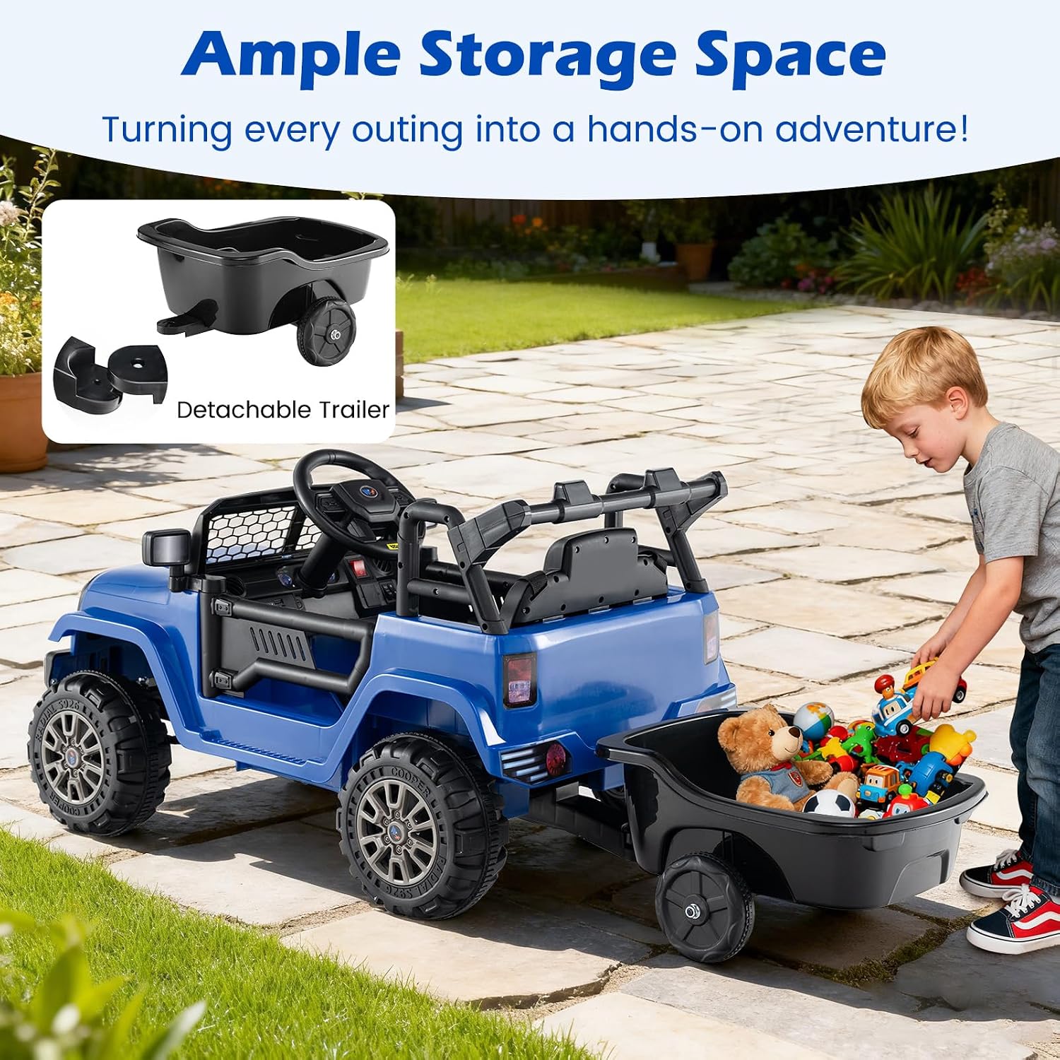 Costzon Ride on Car with Detachable Trailer, 12V Battery Powered Ride on Truck with Parent Remote Control, Light & Music, Electric Vehicle Kids Car Toy for Boys & Girls (Blue)