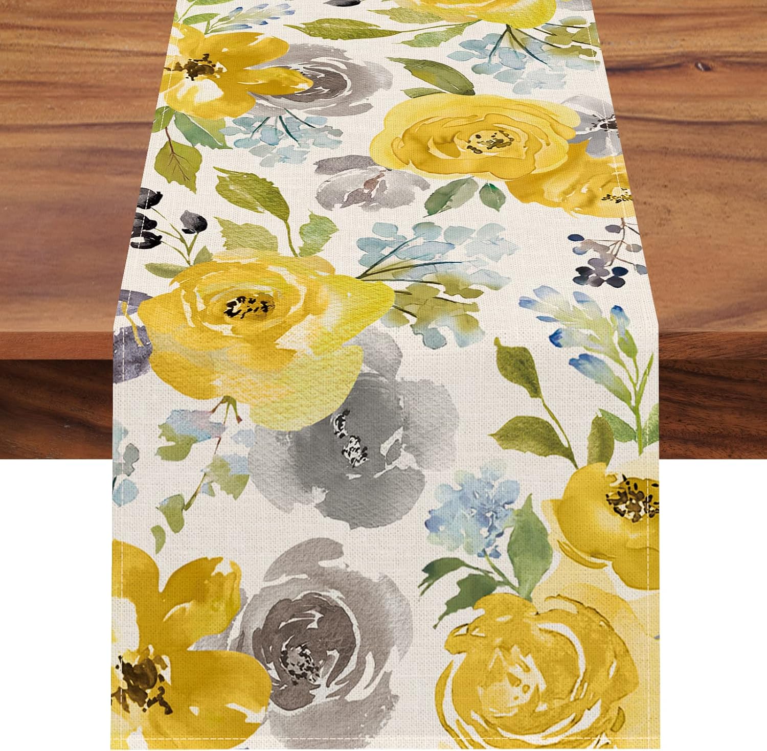 Seliem Spring Yellow Floral Flowers Table Runner, Rose Peony Watercolor