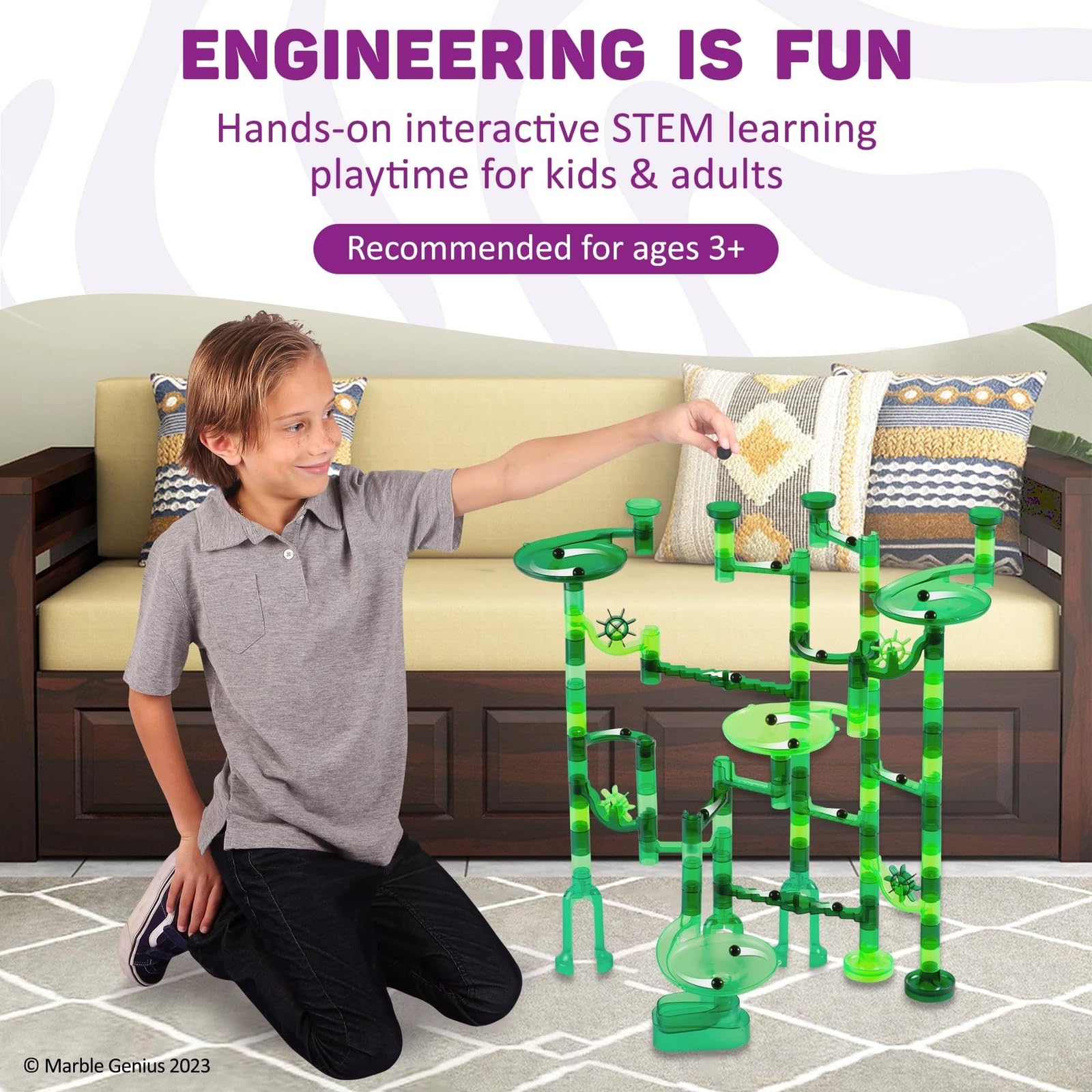 Marble Genius Marble Run - Juego de iniciación STEM para niños de 4 a 12 años, 130 piezas completas (80 piezas translúcidas marbulosas y 50 canicas de vidrio), juguetes de bloques de construcción,