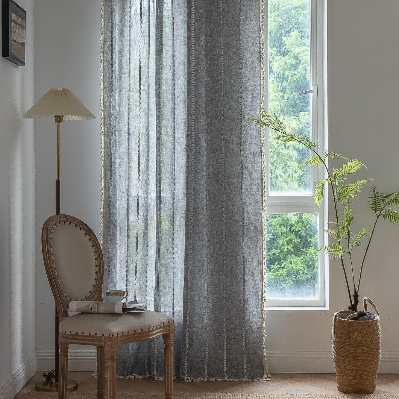 Sutuo Home Zasłony boho do sypialni, salonu, półprzezroczyste, lniane, dom wiejski, szykowny styl vintage, chwosty, dekoracja okien, haft bohemijski, zasłona, kieszeń na pręt, 1 panel (szer. x dł.), 1