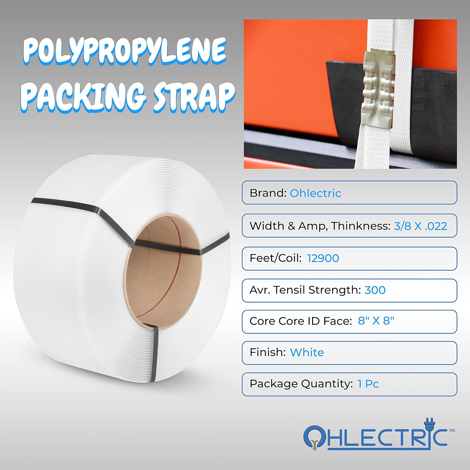 OHLECTRIC ⅜ x 12,900' Machine Grade Polypropylene (PP) Strapping Roll,8" x 8" Core, 300lb Break Strength Plastic Banding Strap for Automatic & Semi-Automatic Strapping Machines, Heavy Duty Packaging