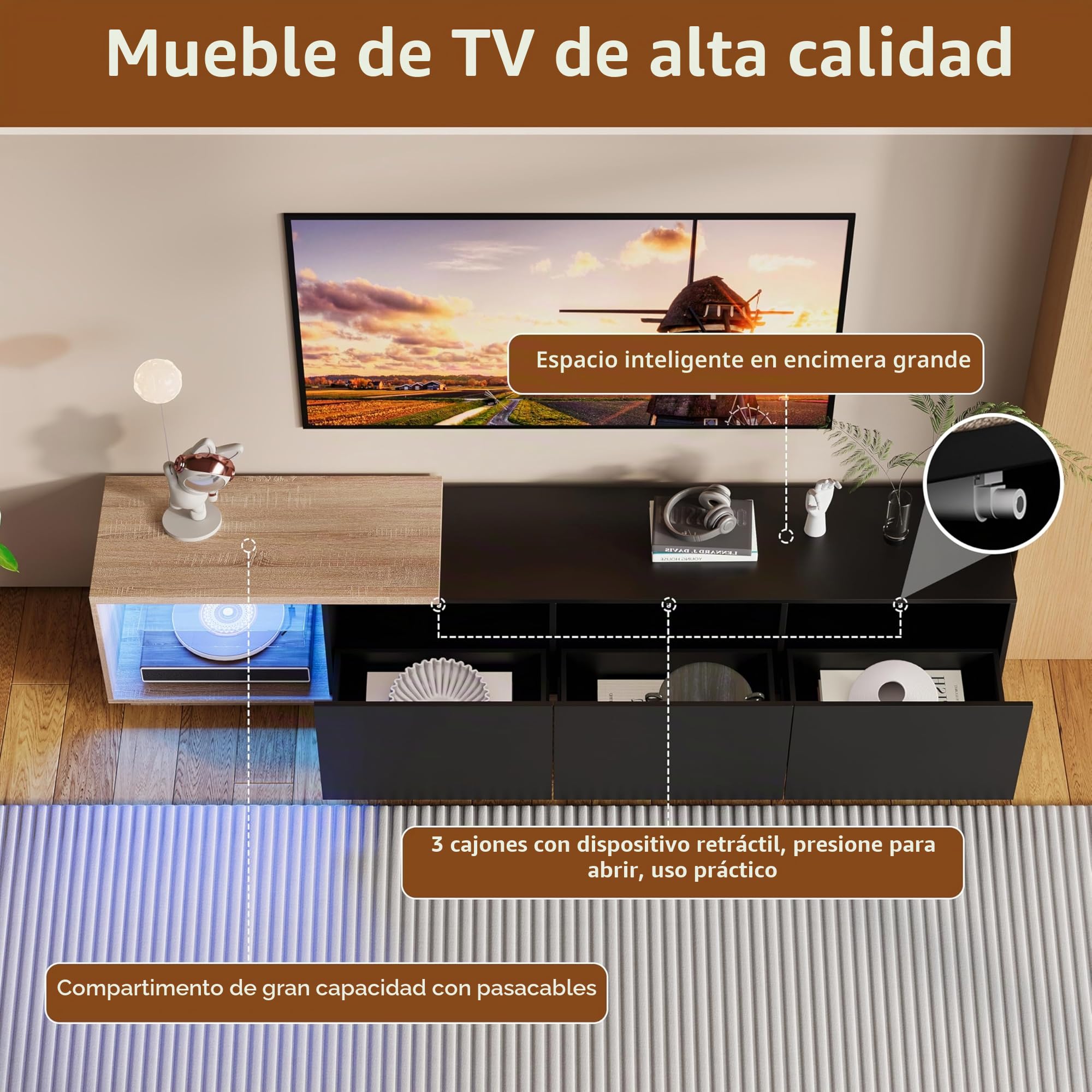 Mueble TV Extensible 163-240 cm de Longitud con 3 cajones, Mueble de TV Negro con iluminación LED, Mueble Moderno para TV de 65 Pulgadas, para salón Dormitorio (Negro, 163-240 x 36 x 44 cm)