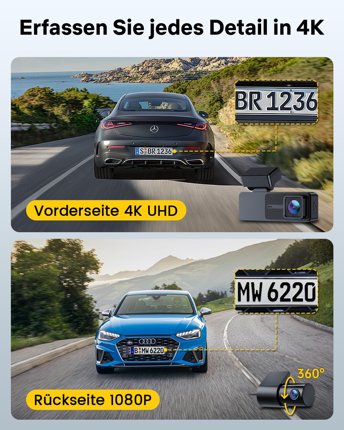 GKU Dashcam Auto Vorne Hinten, 4K/2,5K mit Touchscreen 3,18 Zoll, GPS 5G Wi-Fi Dash Cam, Dual Auto Kamera,64GB SD Karte,Parküberwachung,WDR,170° Weitwinkel,G-Sensor,Loop-Aufnahme,Max 256GB