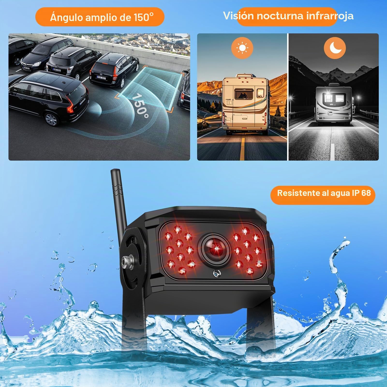 VECHTEL Cámaras Marcha Atrás Inalámbrica 1080P con Monitor IPS de 7 Pulgadas, Cámara de Retroceso para Autobús/Camión/Remolque/RV/SUV, IP68 Impermeable, Visión Nocturna, Guía de Bricolaje