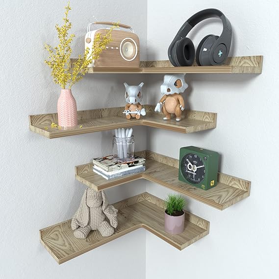 4 Tier Corner Floating Shelves Set of 4, Rustic Pine Wood Corner Shelves for Wall