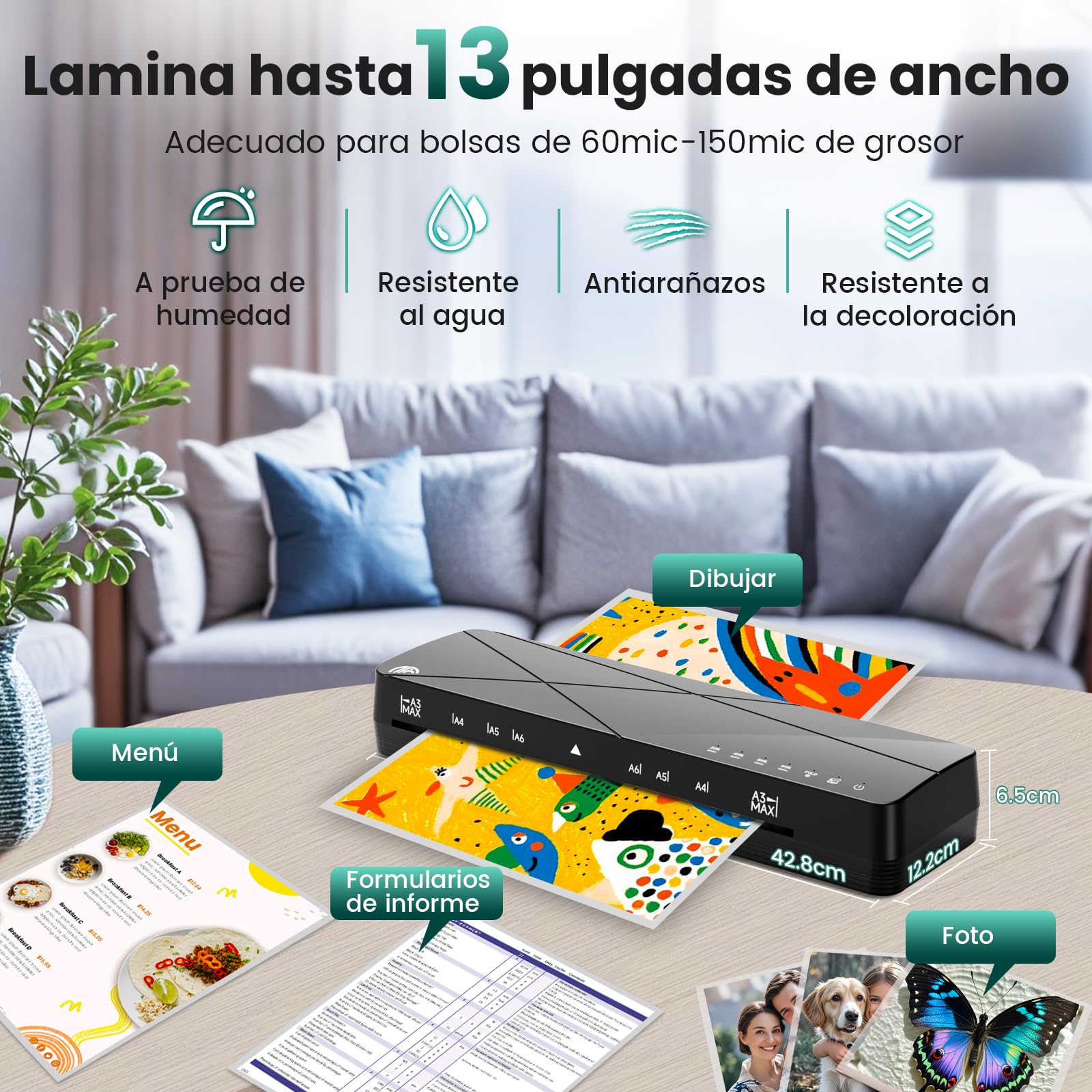 Máquina de Laminadora Plastificadora A3 A4 A5 A6 con 6 Modos y Apagado Automático Frío y Caliente