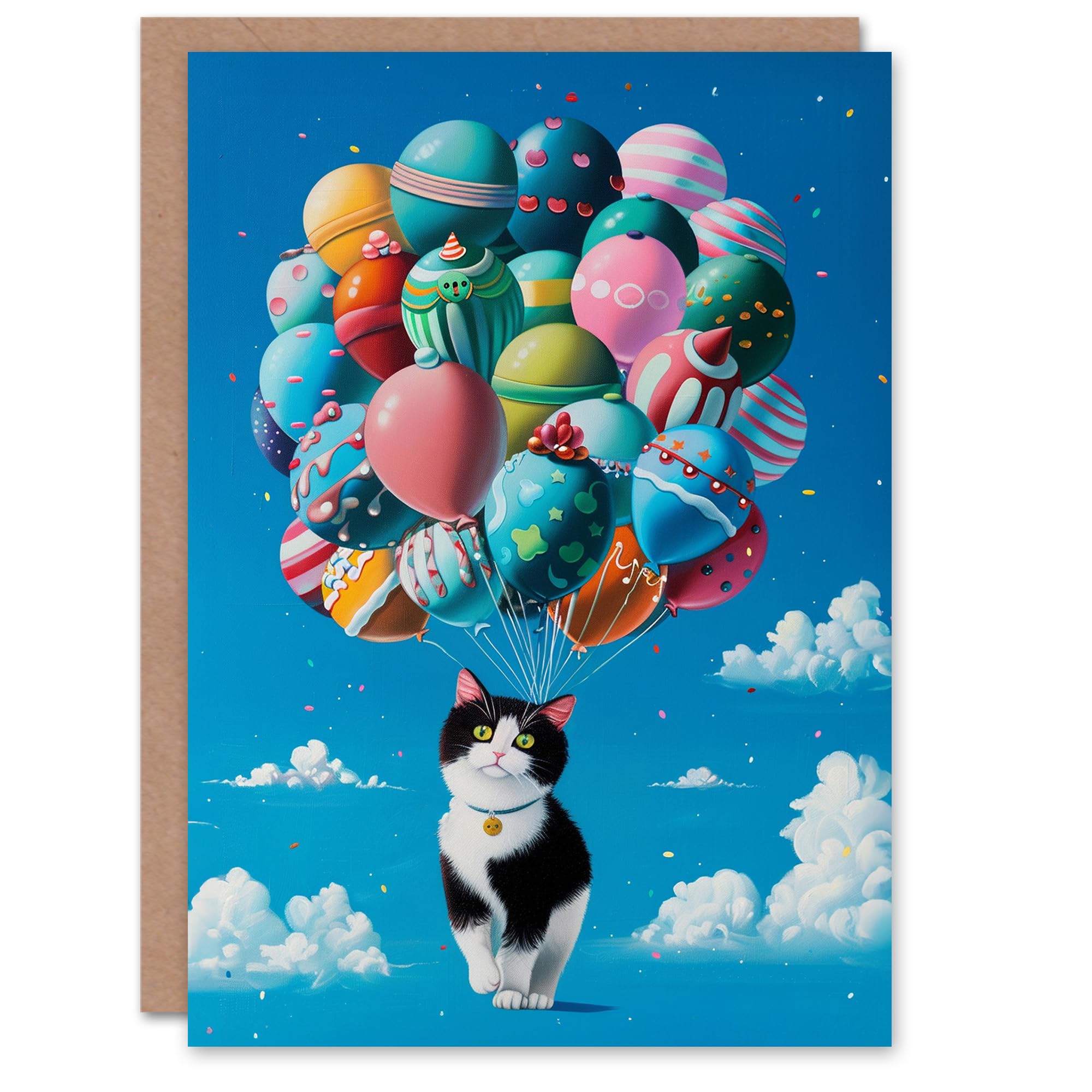 Artery8 Birthday Card Cat in Clouds with Balloons Surreal For Her Gran Sister Niece Daughter Wife Woman Greeting Card