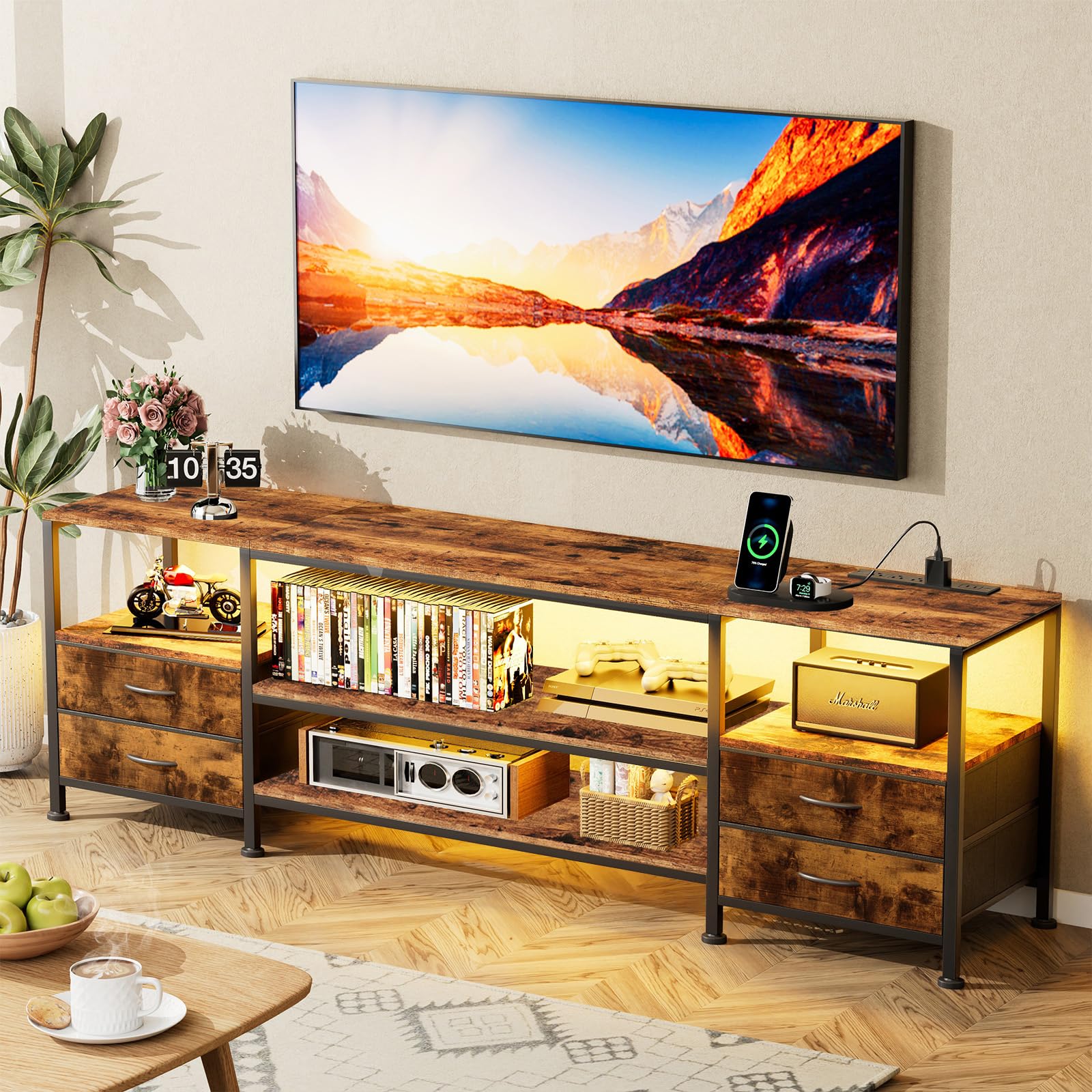 Mobile TV Legno, Mobile Porta TV con Presa e Striscia Luminosa a LED, Cassettiera in Tessuto con 4 Cassetti e 4 Ripiani Aperti,160x40x63 cm