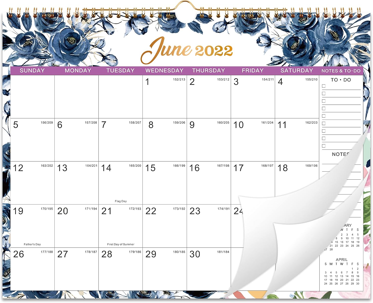 2022-2023 Calendar - 2022-2023 Calendar, 18 Monthly Wall Calendar 2022-2023, 14.8" x 11.6", January 2022 to June 2023，Wall Calendar 2022-2023 with Twin-Wire Binding, Hanging Hook, Blocks and Julian Dates - - Navy Rose