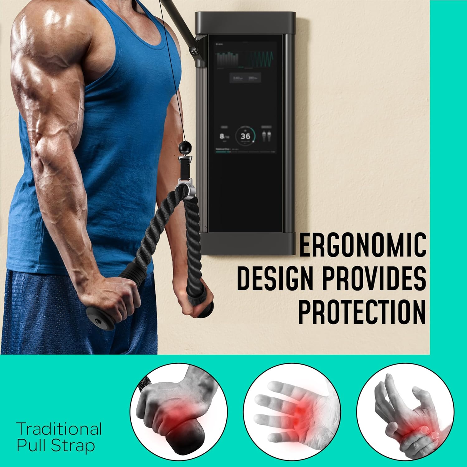 Tricep Rope Compatible with Tonal Machine, Tricep Pull Down Attachment with Ergonomic Comfort Grips, Accessory for Smart Home Gym & Cable Machine, Wrist Support Base, Soft Rub & Heavy Duty