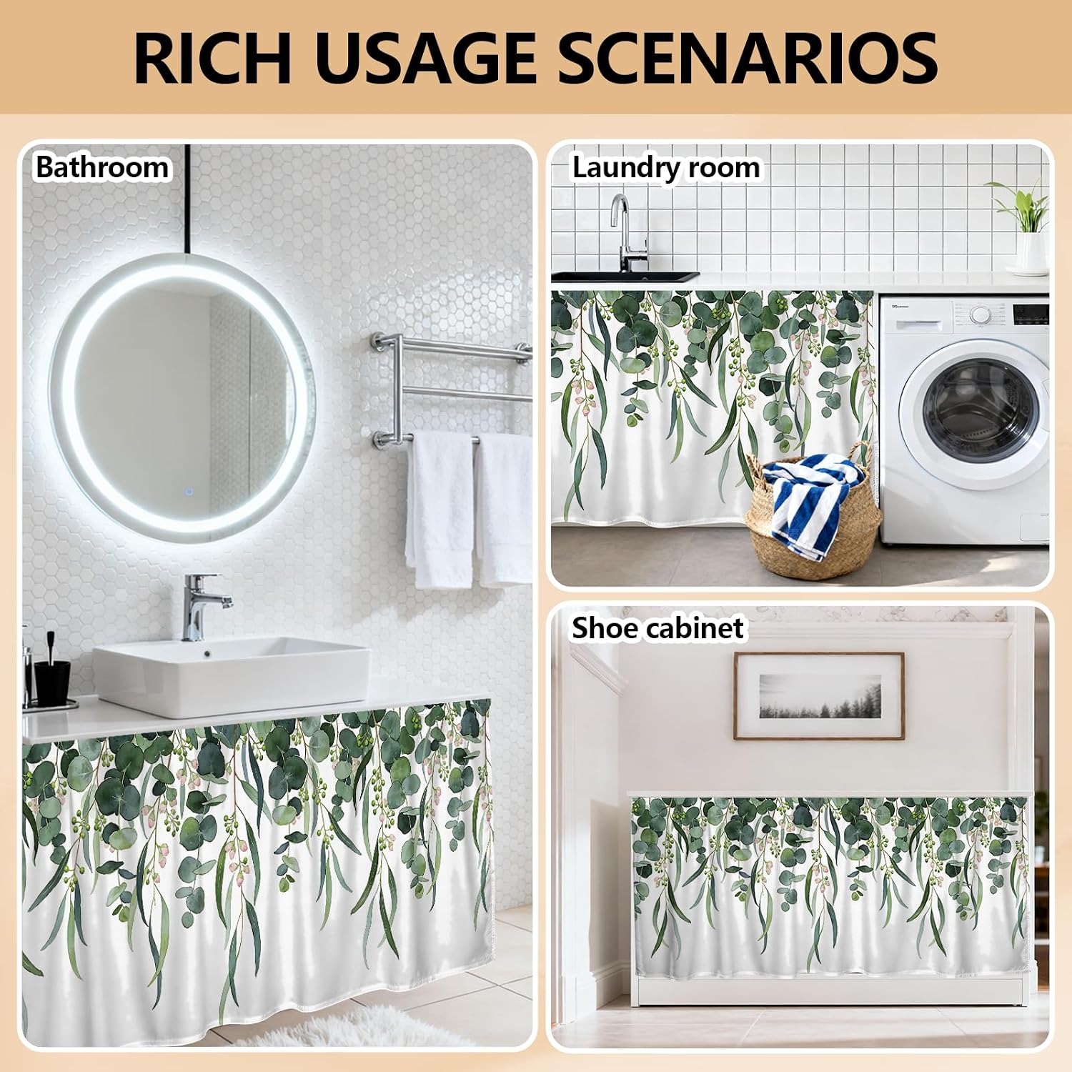 Eucalyptus Leaves Cabinet Curtains Plants 51.2 Inch Long Sink Skirts Curtain for Kitchen Flowers Cabinet Curtains for Bedroom Bathroom Laundry Room