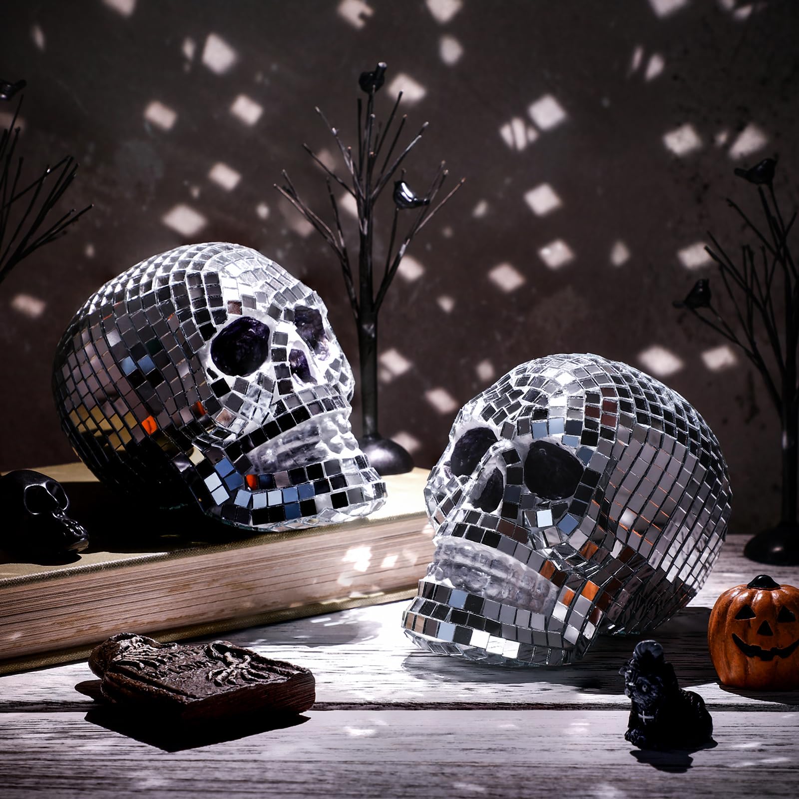 WinnerWhy 2 Pcs 3D Disco Halloween Decor Disco Halloween Skull Skeleton Head Status Mirror Ball Skull Tiered Tray Decor Home Table Centerpiece for Graveyard Indoor Outdoor Holiday