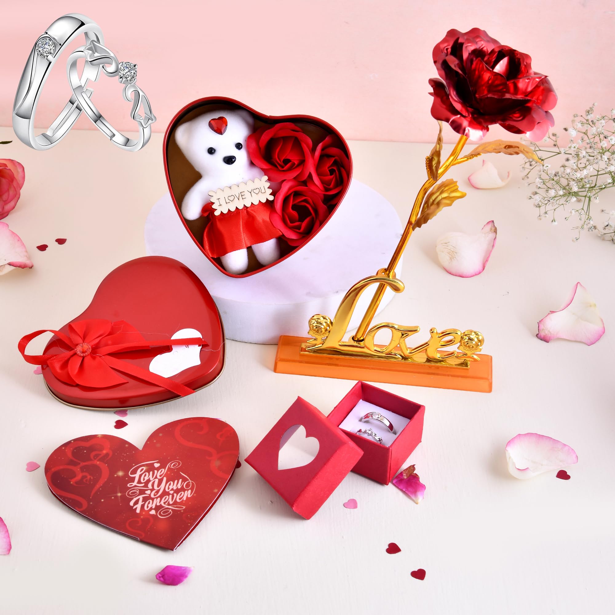Radiant Crafts Red Rose Love Stand with Heart Gift Box, Adjustable Couple Ring Valentine's Gift Set for Girlfriend, Boyfriend, Wife, Husband, Couples (Gift Set-8)