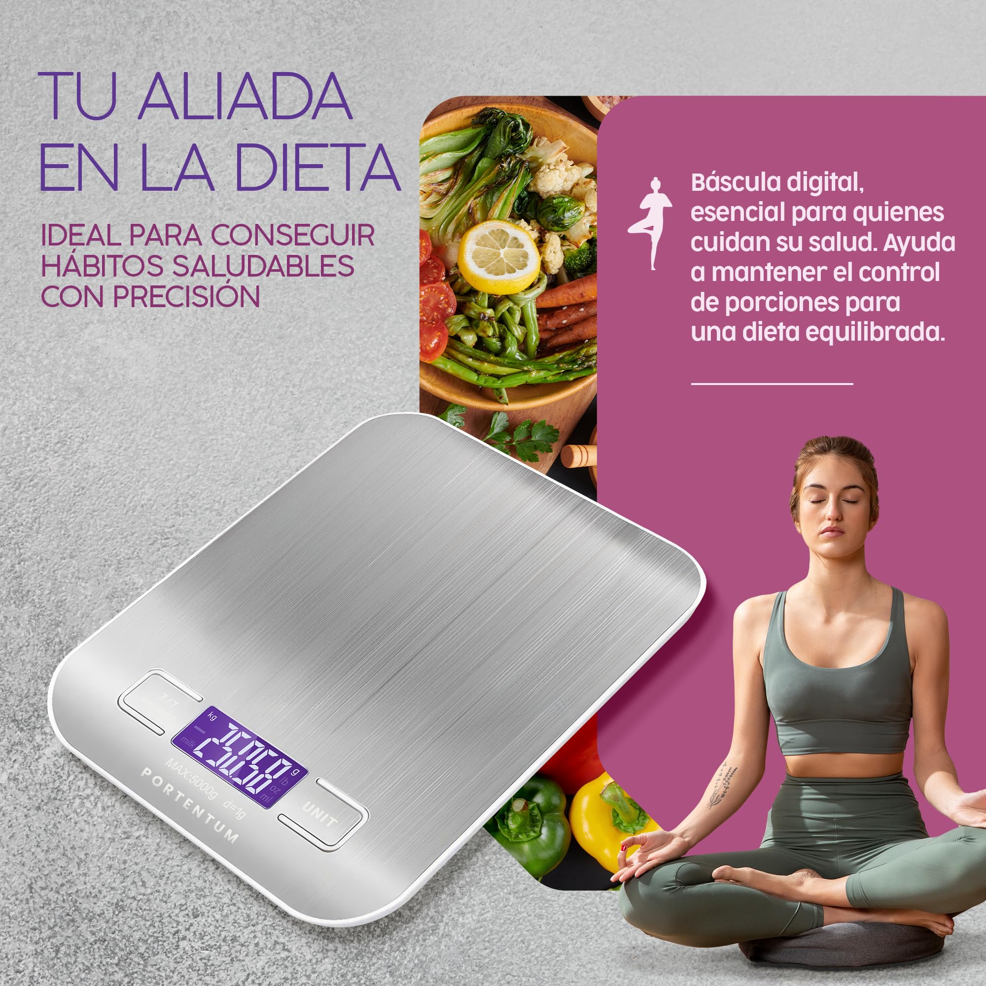 PORTENTUM Peso de Cocina con Pantalla LCD, Acero Inoxidable, Balanza cocina precisa de 1 gramo a 5 kg/11 lbs, Plata