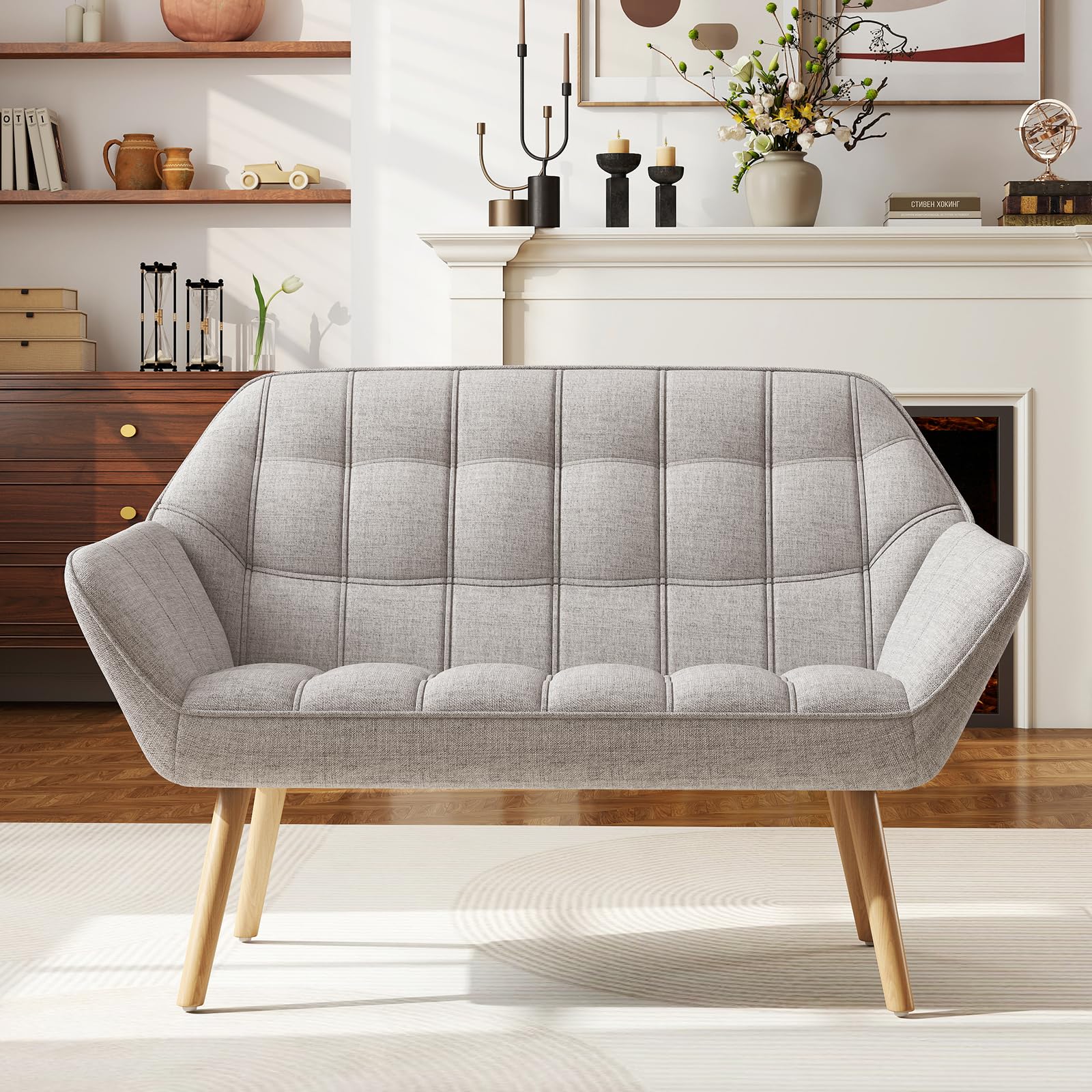 ChicAura 48" Small Loveseat Sofa, Mid Century Modern Linen Love Seat with Wood Legs 2-Seat Sofa Couch Tufted Wingback Upholstered Sofa Chair for