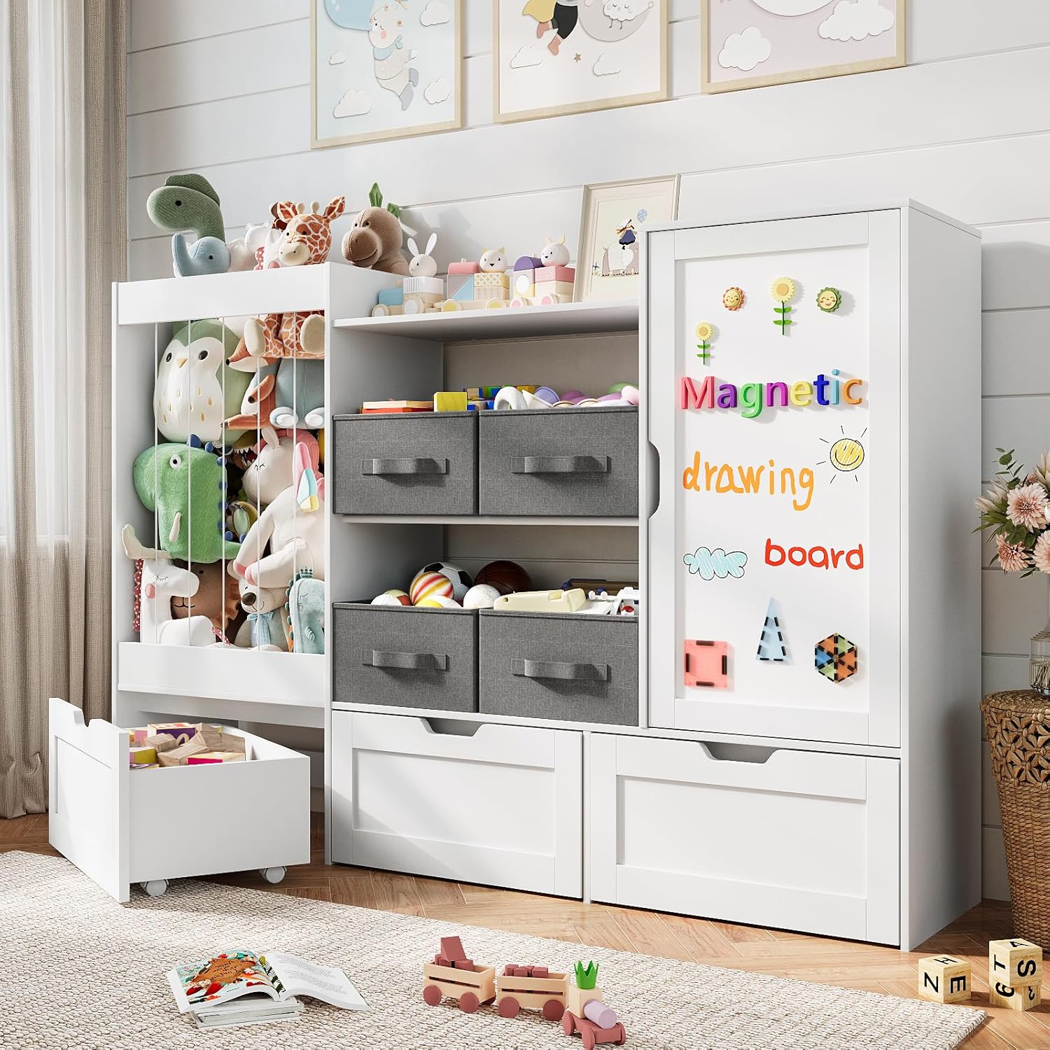 61" W Kids Toy Storage Organizer with Stuffed Animal Storage, 3 Movable Storage Drawers, 4 Removable Storage Bins, Wooden Bookshelf with Magnetic Drawing Board for Kids Room & Playroom, White