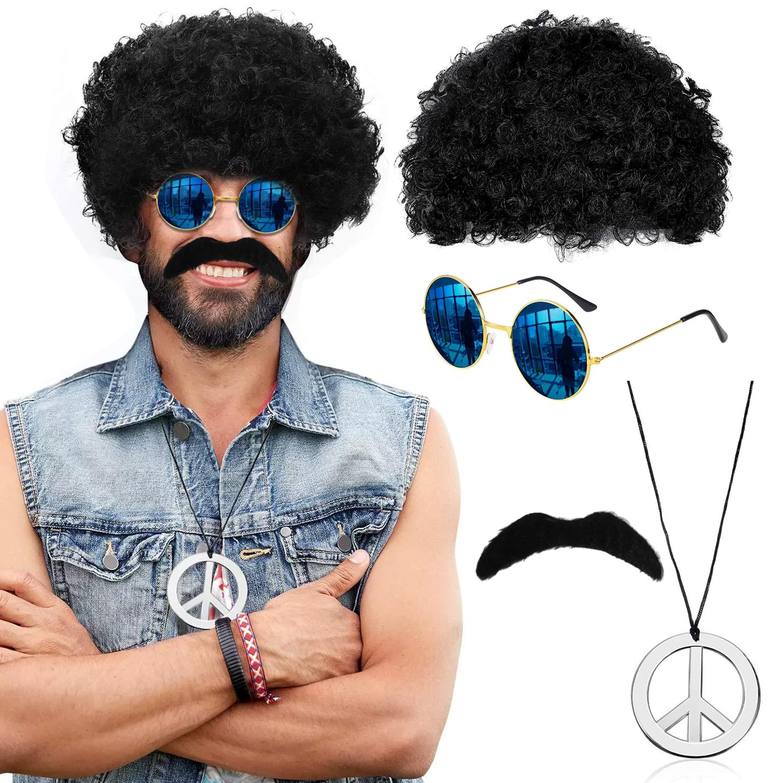 VQUNBG 4 Pcs Hippie Costume Set, 70s 80s Disco Fancy Dress Accessories, Mens & Womens Pop Hippie 70s Disco Fever Hair, Wig