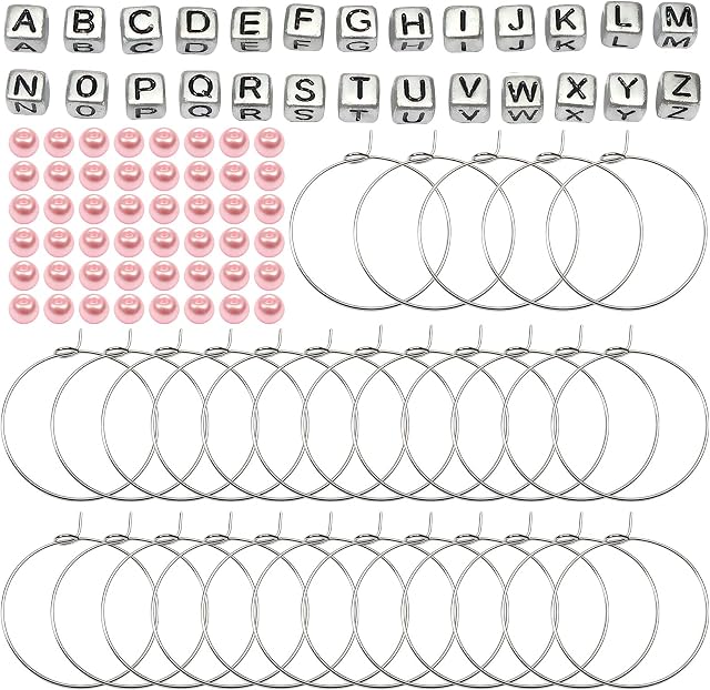 TOAOB 460pcs Wine Glass Charms Set Personalized Name Glass Markers Include 30mm Wine Glass Charm Rings with 6mm Acrylic A to Z Square Letter Beads and Pearl Beads for Party Favor