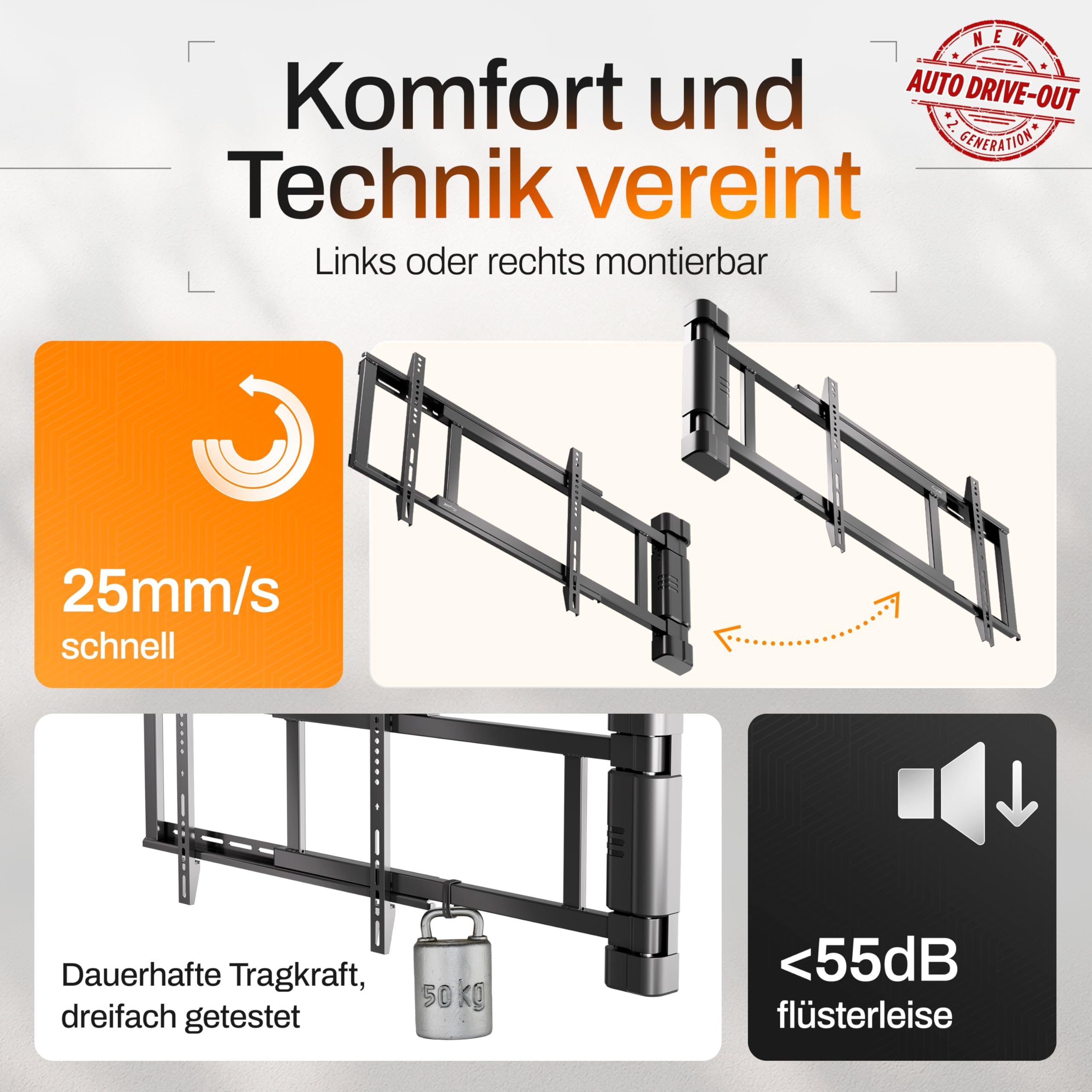 EasyLife Uchwyt ścienny do telewizora elektrycznie wychylny, z Auto Drive-Out, ultra cienki 56 mm, cichy silnik, antykolizyjny, 32-75", VESA do 600 x 400 i 50 kg, metalowa konstrukcja premium, kolor
