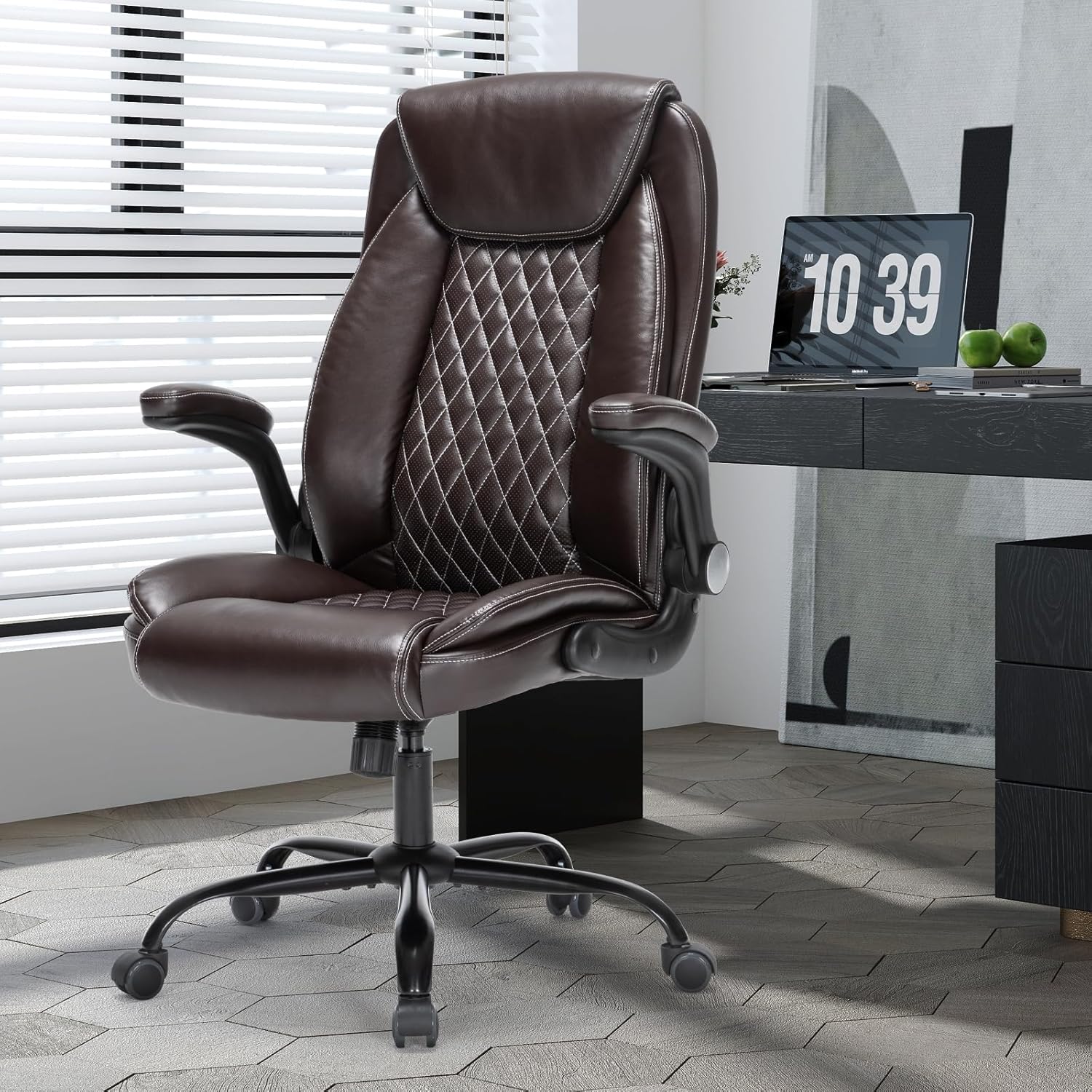Heavy-Duty Executive Office Chair with Ergonomic Design, 300LBS PU Leather Chair with Adjustable Lumbar Support, 360° Swivel, Reclining Backrest, and Flip-Up Armrests for Big and Tall People(Black)
