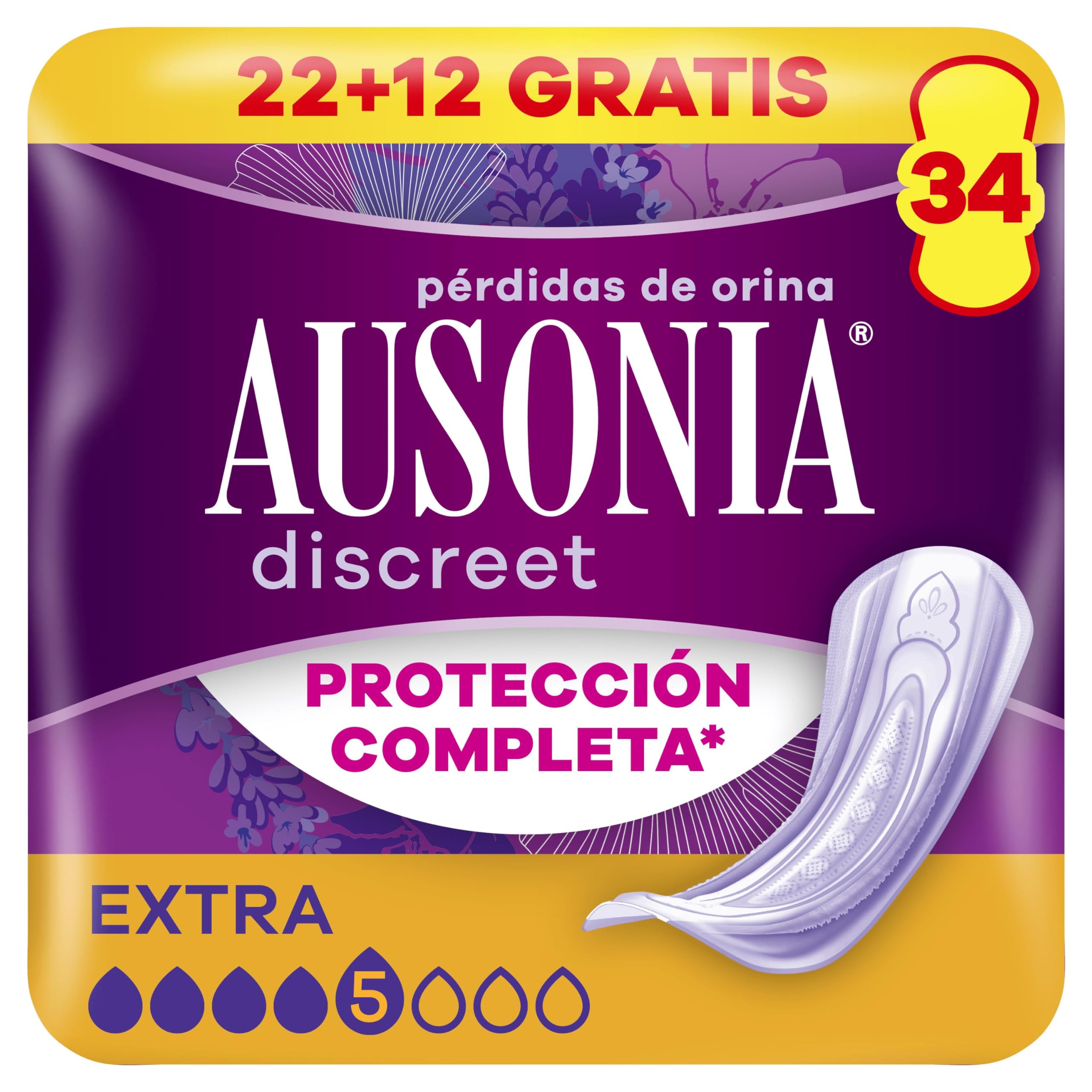 Ausonia Discreet Compresas, Extra, Pack de 34, Para Pérdidas De Orina Para Mujer, Protección Completa*, Discreción Increíble