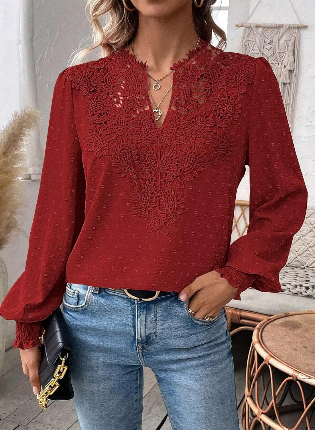 Womens Tops Swiss Dot Boho Long Sleeve Shirts V Neck Casual Chiffon Blouses Flowy Lace Hem Cute Clothing Trendy 2026 - Image 6