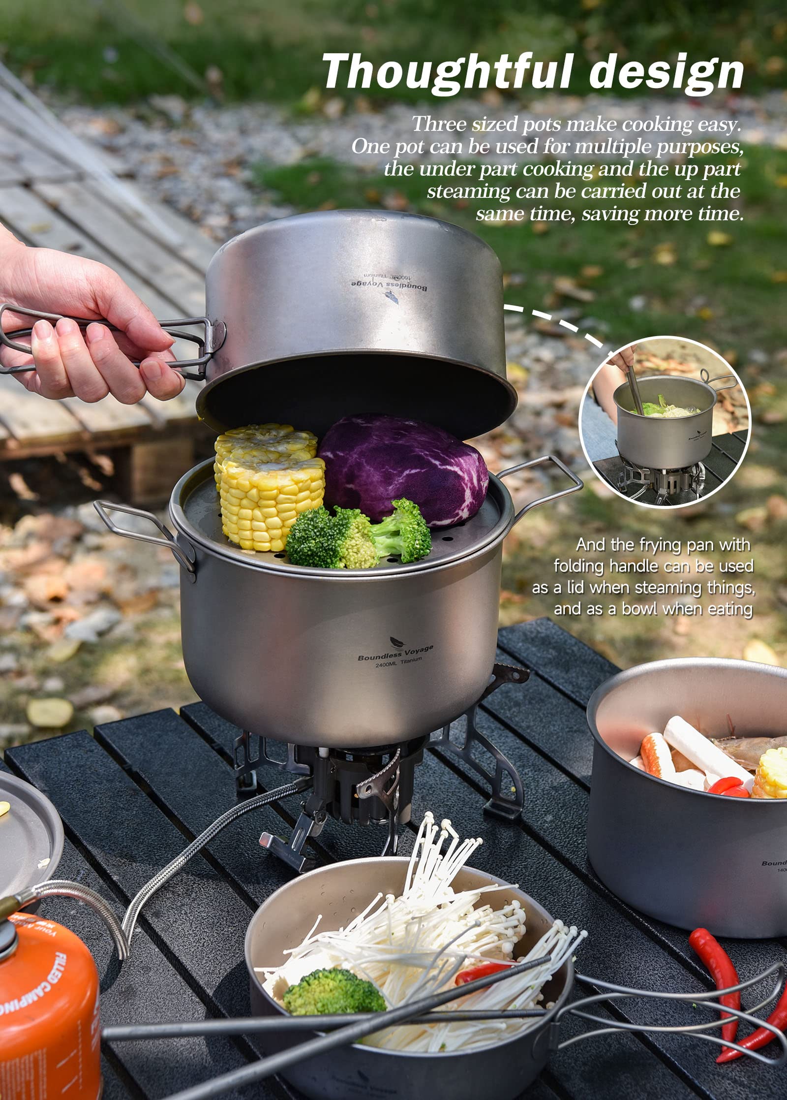 iBasingo Camping Cuisine Pot de Cuisine extérieure en Titane 2.4L Petite Sauce Pot Pot Chaud pour 1-3 Personne Petite Casserole Portable de Voyage Kit de Cuisine équipement de randonnée Ti2108C