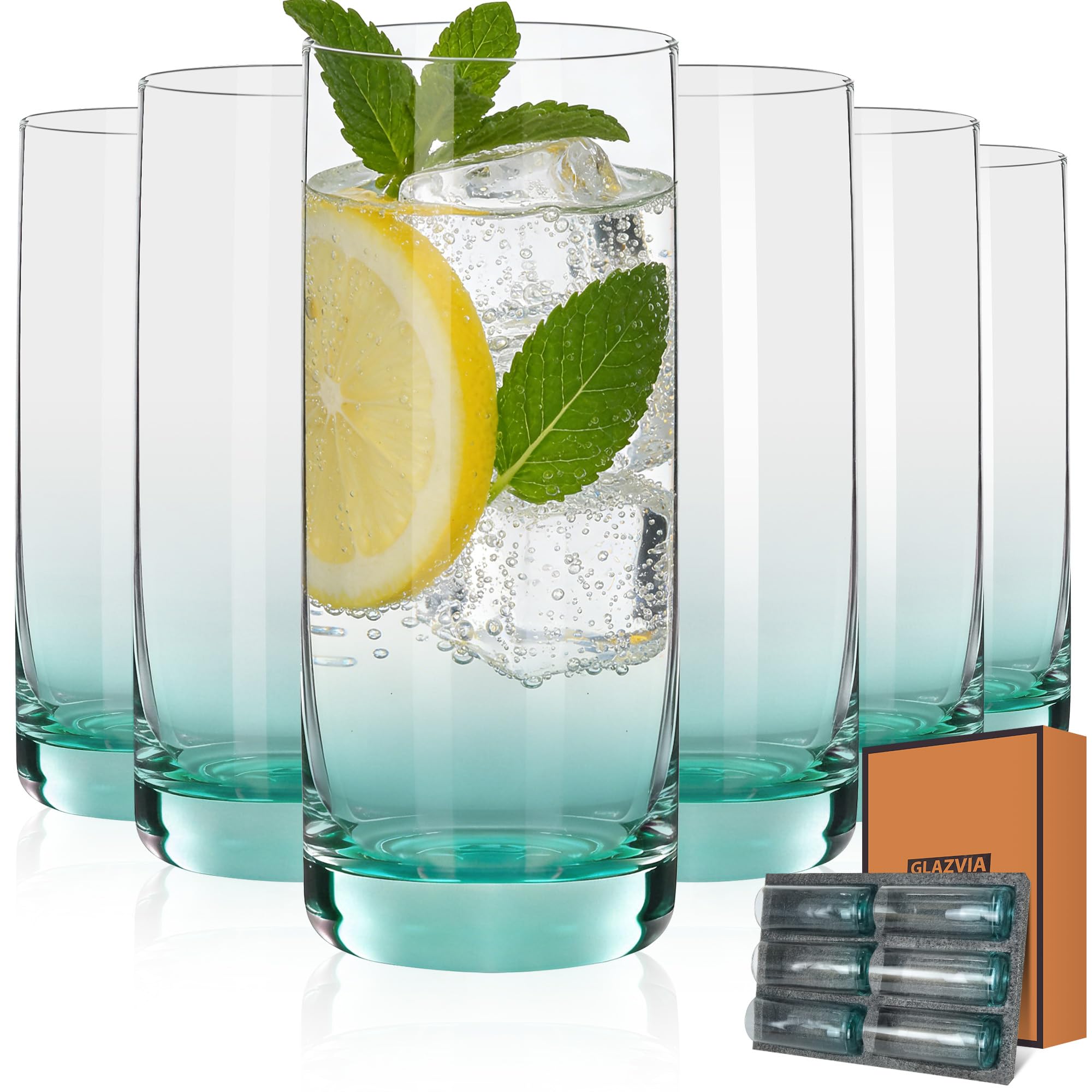 Verres Long Drink Set de 6, 385 ml Verres à Cocktail Verts | Verres pour Mojito, Gin Tonic, Soda, Bière et Eau, Verres Hauts Épais & Stables pour Cuisine, Bar et Fêtes