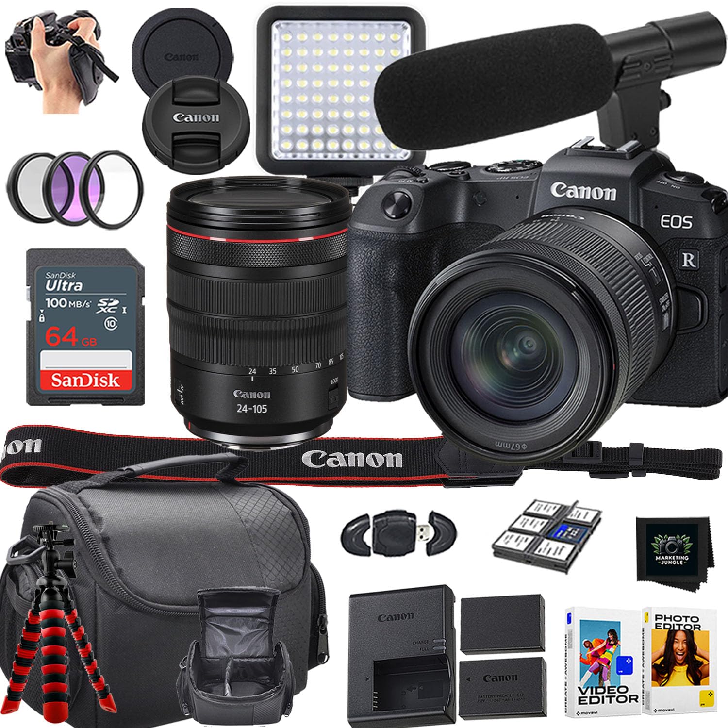 Canon EOS RP Mirrorless Camera + Canon RF 24-105mm f/4 L is USM Lens + 64GB SanDisk Memory Card + Flexible Tripod + More (18pc Bundle) (Renewed)