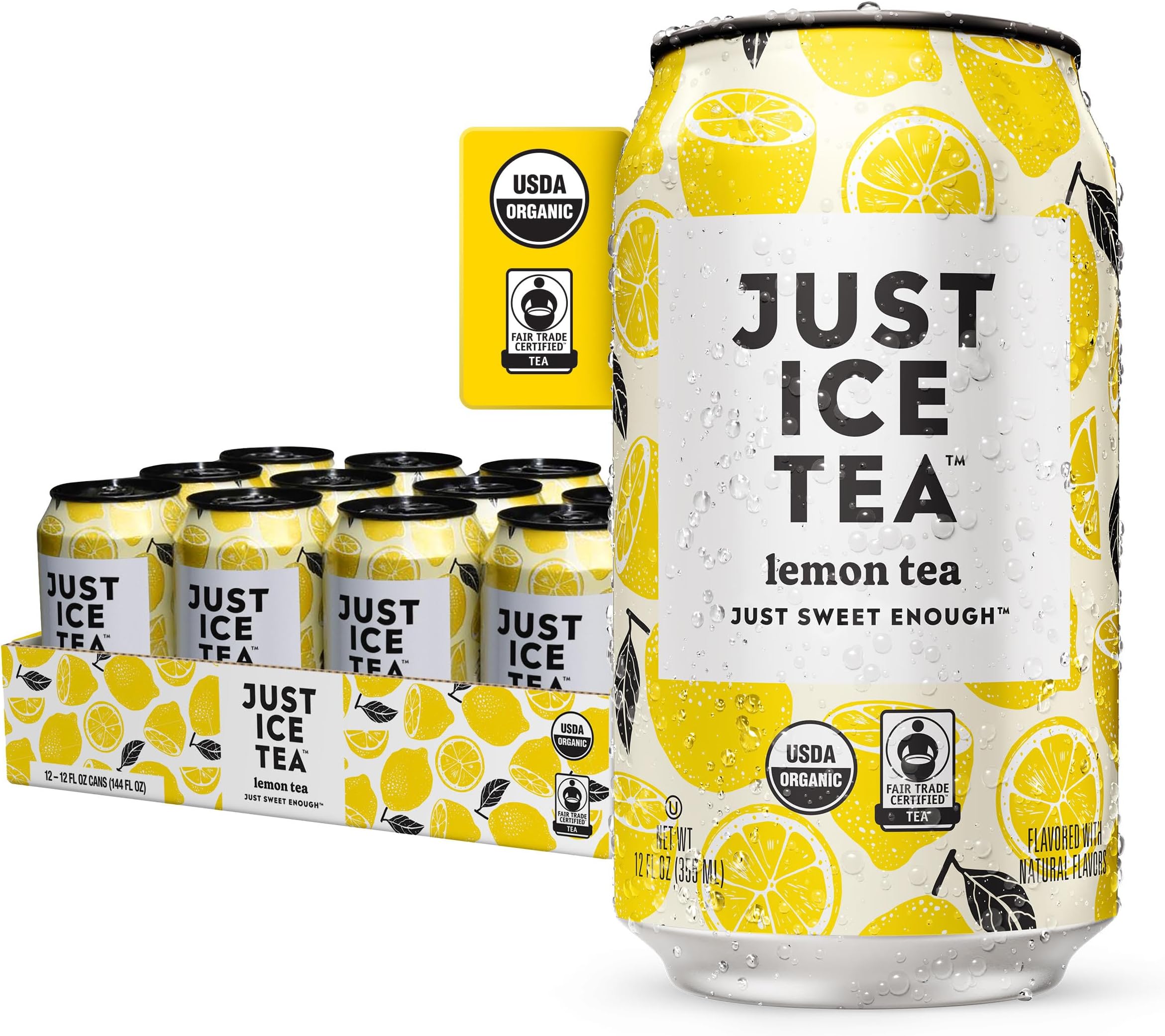 Just Ice Tea, Lemon Flavored Black Iced Tea, 12-Pack (12oz Cans), USDA Certified Organic, Real Brewed, Low Calorie, No Artificial Sweeteners, Fair Trade, Made in USA.