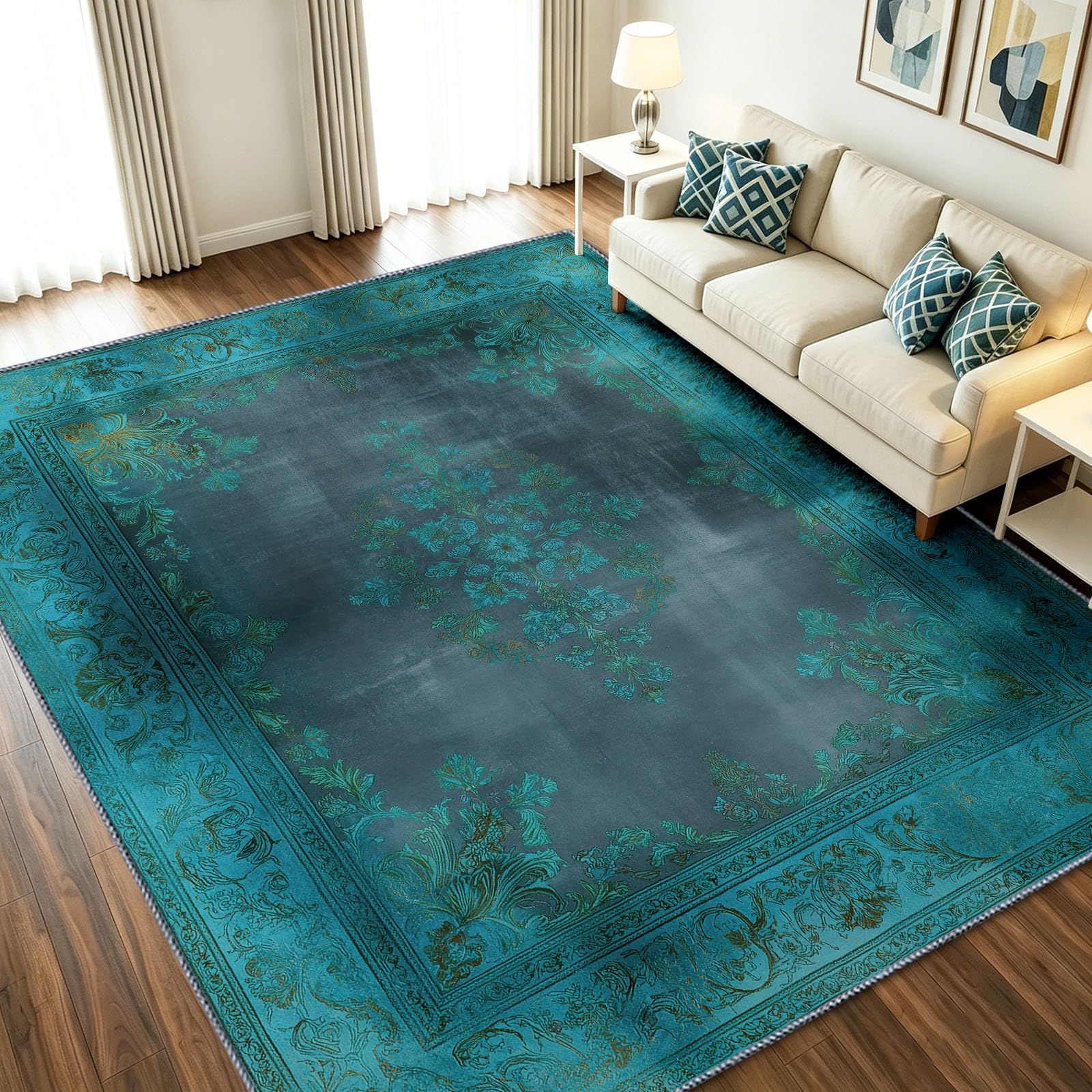 Tapis 80 x 150 cm poil ras lavable style oriental chinois floral