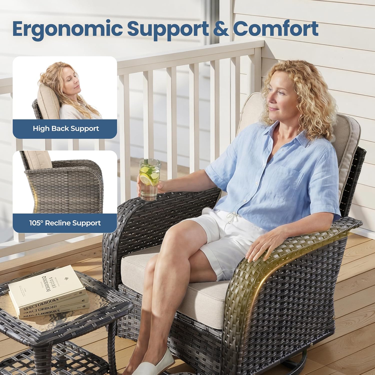 5 Pieces Wicker Patio Furniture Set, High Back Swivel Rocker Chairs Outdoor Loveseat Sofa and Rattan Coffee Table, Outdoor Conversation Sets for Porch Deck Backyard Poolside, Beige