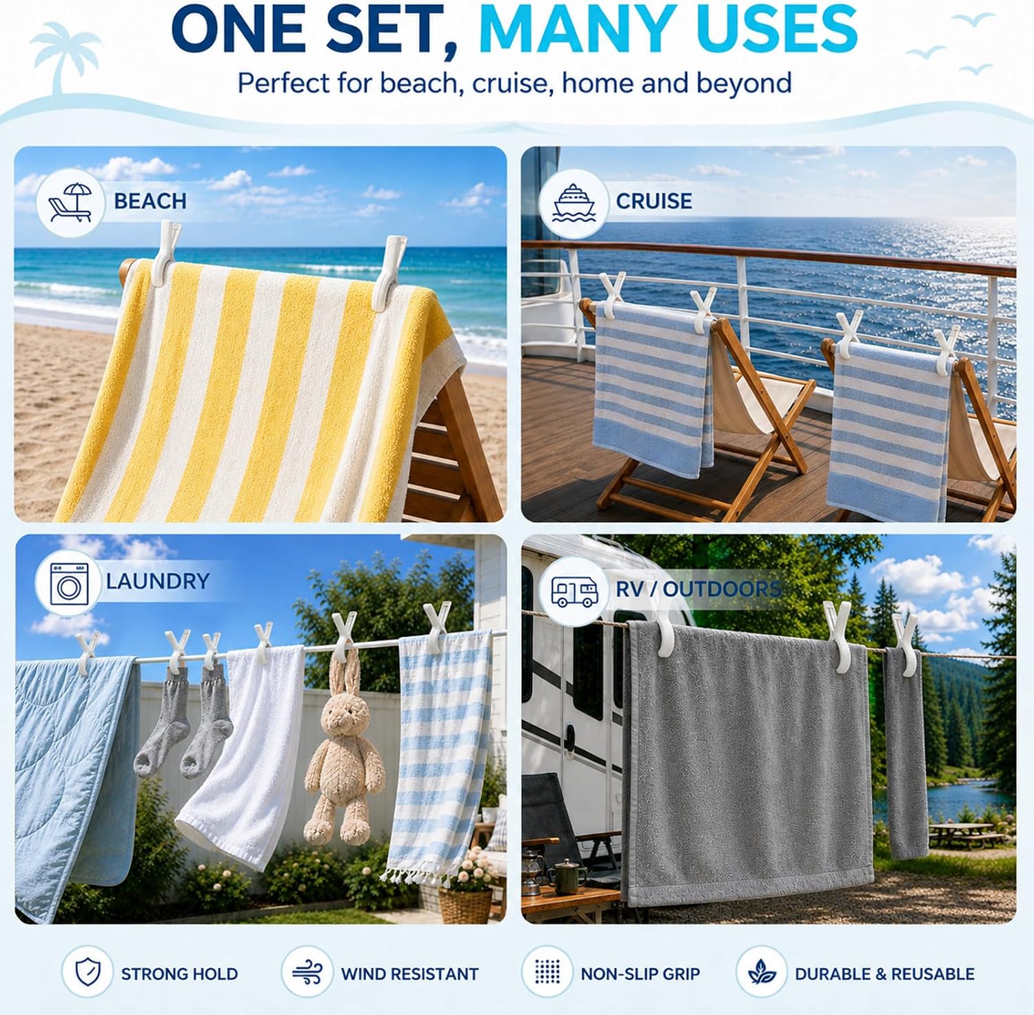 Towel Clips for Beach Chairs, 10 Pack, 5.1 and 3.7 Inch, White