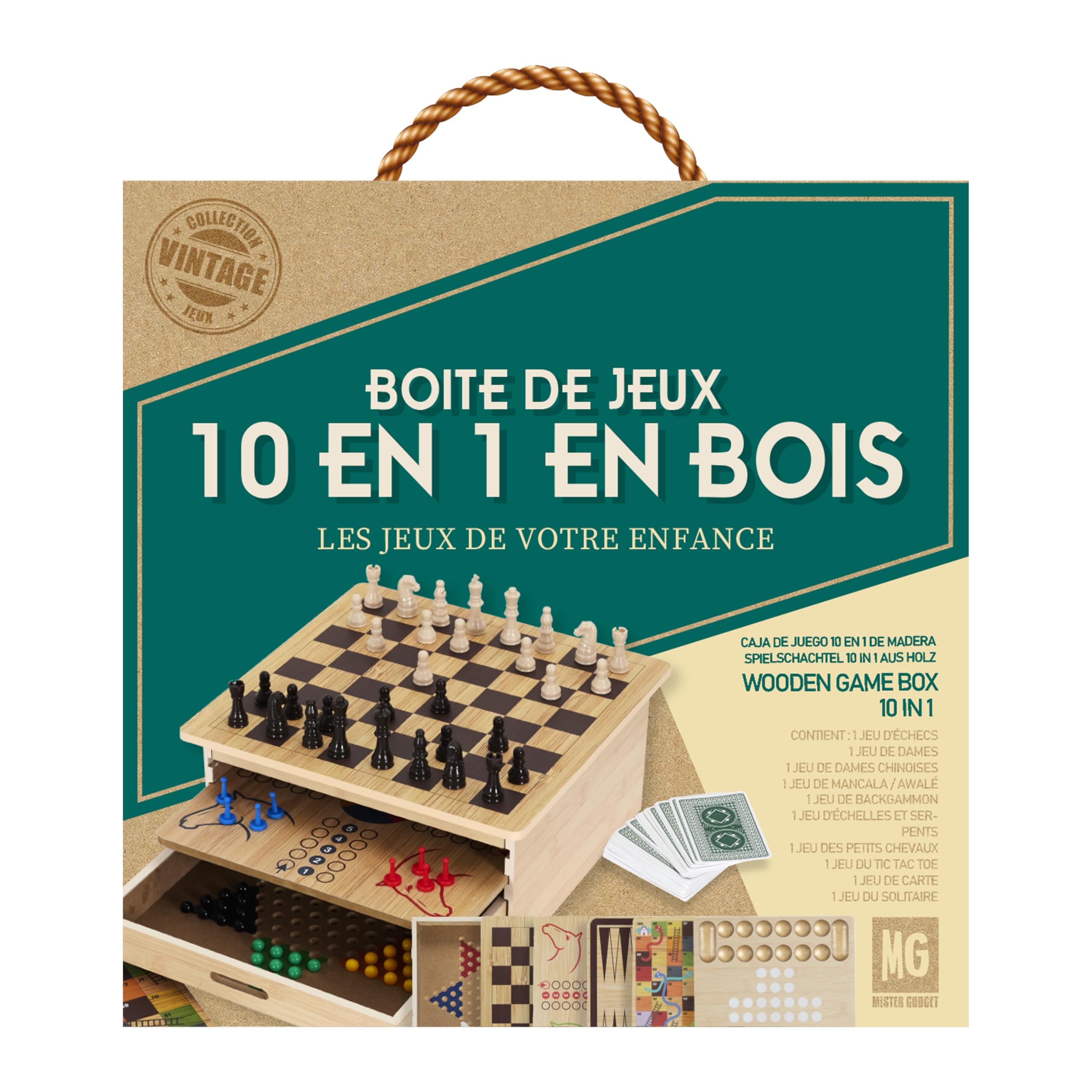 MISTER GADGET Coffret 10 Jeux de Société en Bois 32,5 cm Familial Marron | Bois MDF, coffret 10 jeux de société, 32,5 cm, échecs dames petits chevaux et plus, familial, marron