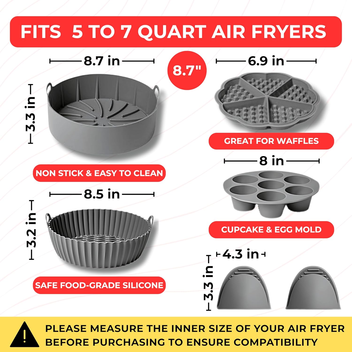 EM Set of 5 Silicone Air Fryer Liners with Egg Bite Mold, Waffle Mold & Mitts - 8.7” Round Reusable Silicone Inserts for 5-7 Qt Airfryers - Easy to Clean & Heat-Resistant Air Fryer Accessories Set