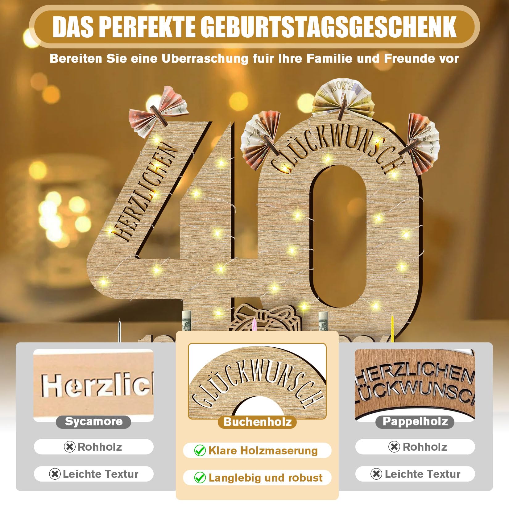 GothicBride Livre D'Or Bois 40 Ans Avec Guirlande LED - Cadeau Anniversaire Personnalisable Pour Femme - Décoration Fête 2024