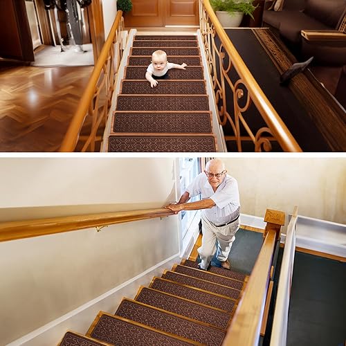 Miniatura 6 de 15 peldaños de escalera para escalones de madera para interiores con autoadhesivo, 8 x 30 pulgadas, antideslizantes, para despegar y pegar, alfombra