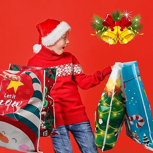 Miniatura 4 de Jetec 200 bolsas de plástico jumbo de Navidad a granel de 17 x 12 pulgadas, bolsas de regalo de Navidad con asas para recuerdos de fiesta de