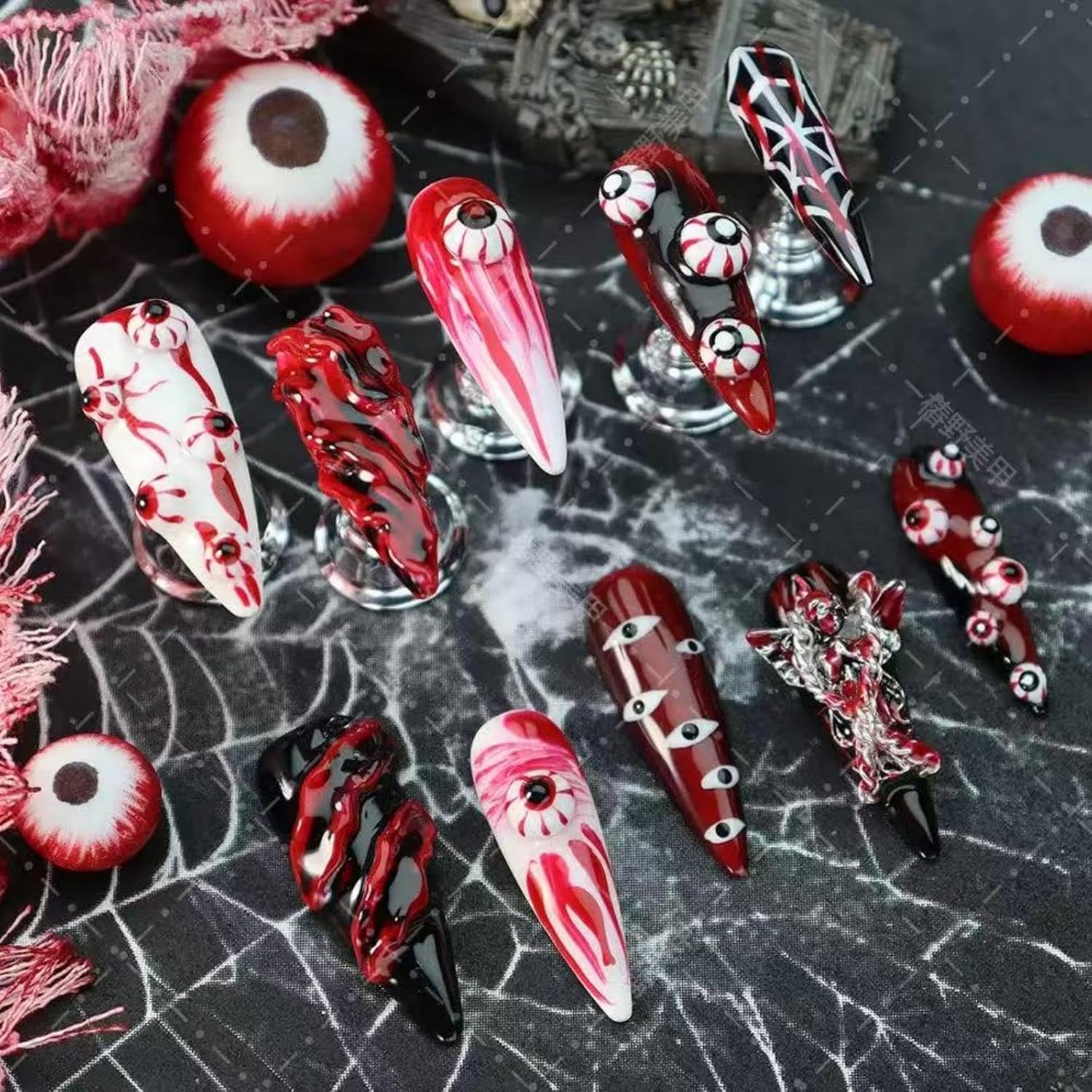 100% Handmade Press on Nails Halloween Long Stiletto Fake Nails with Red Evil Eye Design Spiderweb Glue on Nails Charms Gothic Halloween Nail Press ons Reusable Handmade Nail for Women Manicure Size L