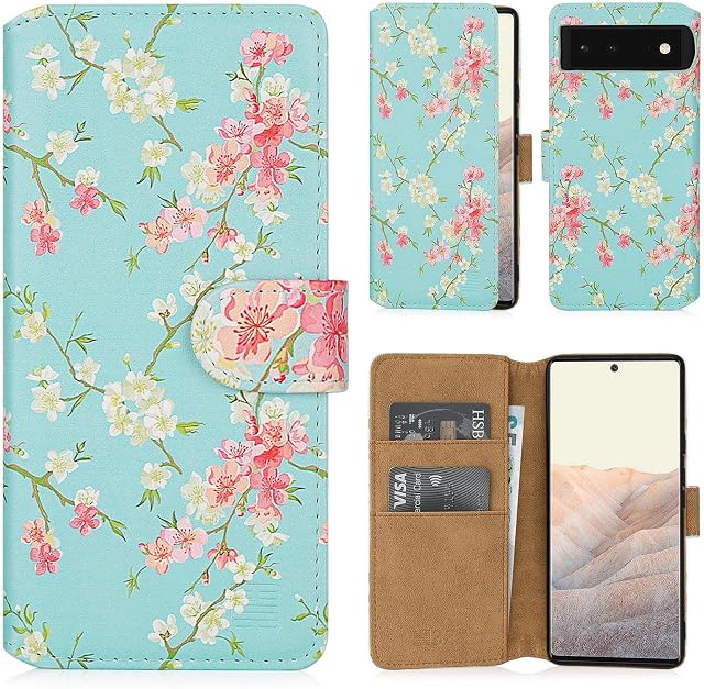 32nd Floral Series 2.0 - Design PU Leather Book Wallet Case Cover for Google Pixel 6, Designer Flower Pattern Wallet Style Flip Case With Card Slots - Spring Blue