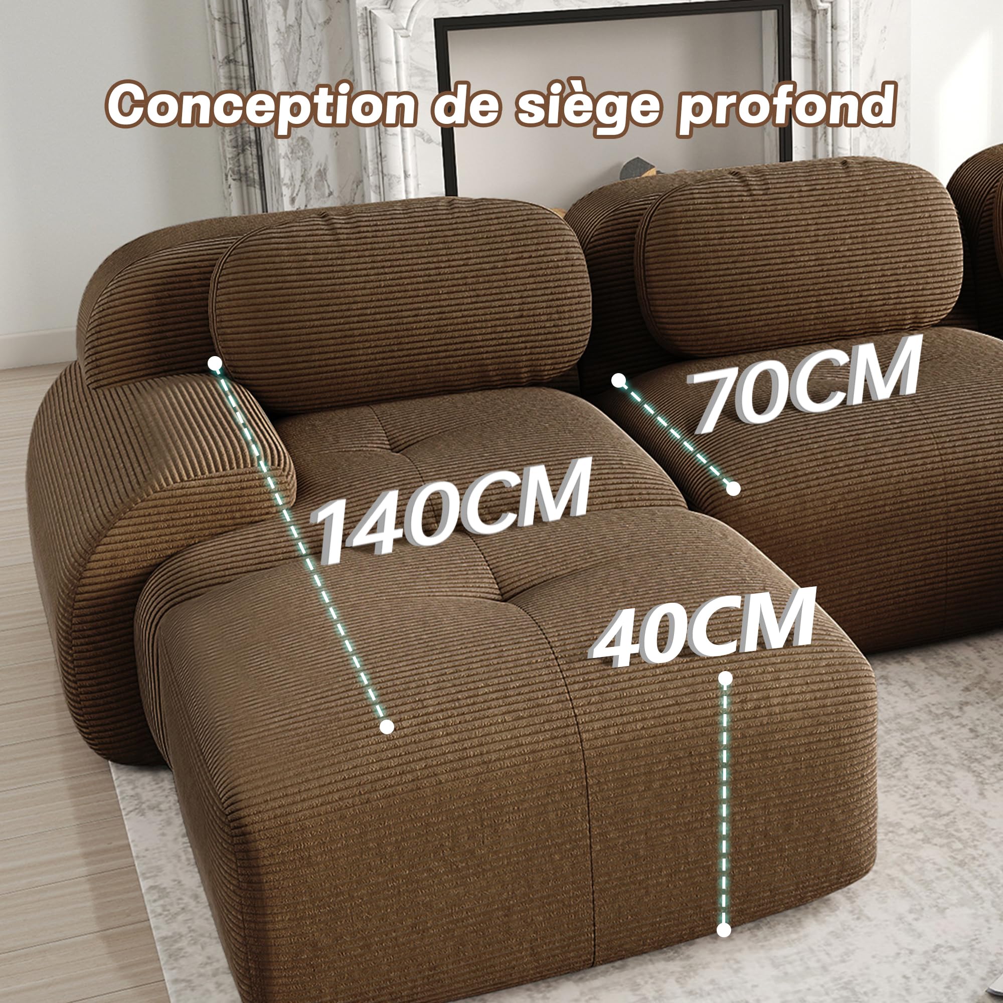 Sapgaks Canapé d'angle convertible, canapé de 2 à 4 places, canapé modulable compressible, peut être combiné librement avec accoudoirs et repose-pieds, velours (marron 3 places-L)
