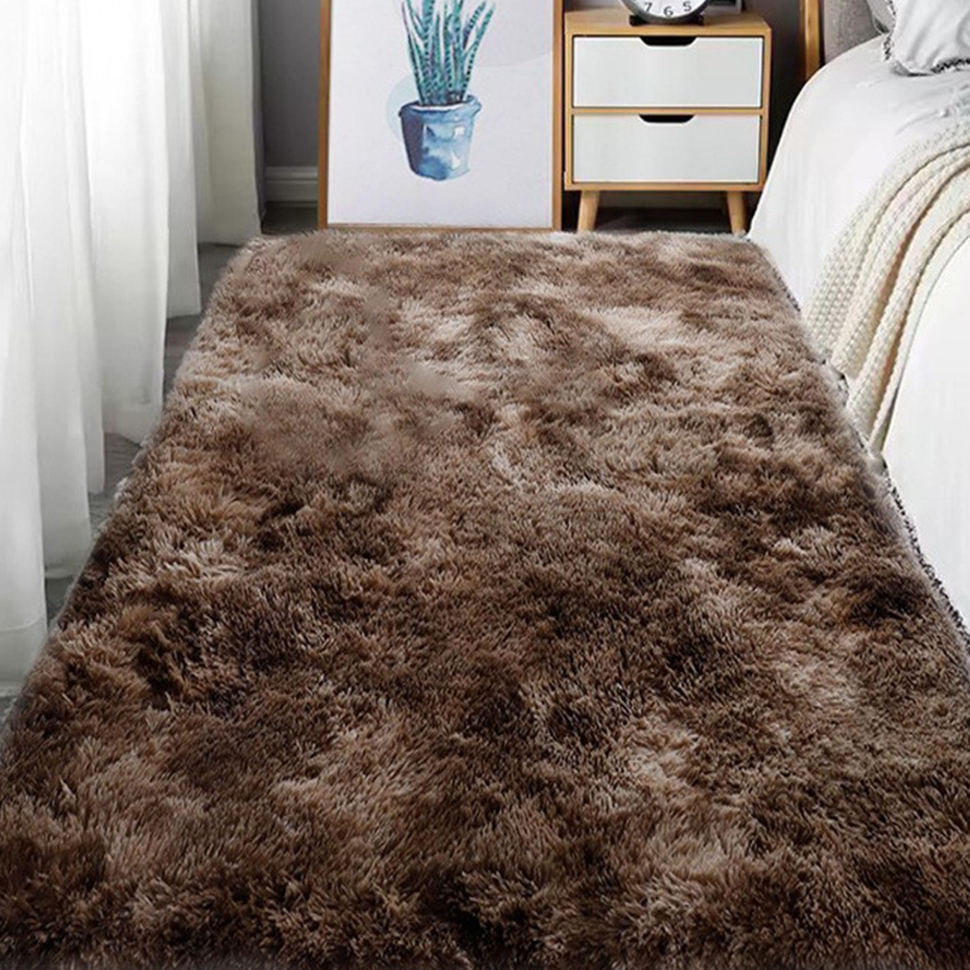 Tapis facile à nettoyer 210 x 210 cm poil long shaggy marron