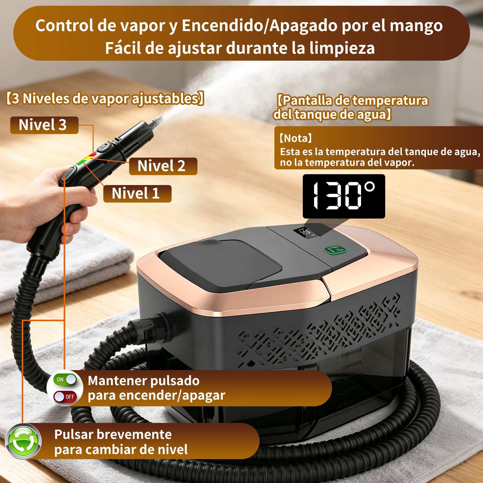 Limpiador de vapor portátil 2500W con mando graduado en el mango, 8 boquillas, depósito 1800 ml, 3 niveles de vapor, 15 segundos de calentamiento, para coche cocina baño tapicería barbacoa
